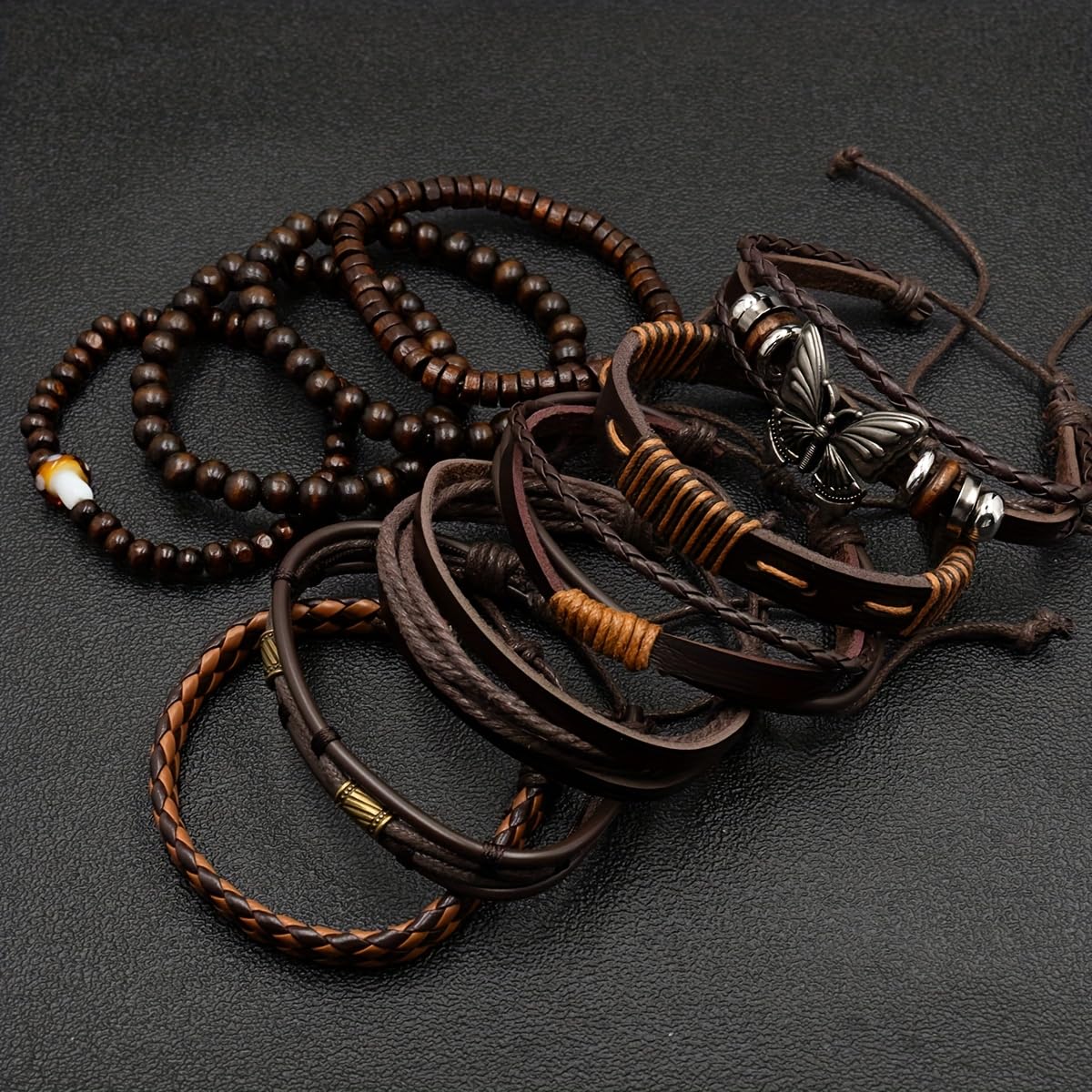 Aijewelop 10pcs/set PU Leather Butterfly Bracelet Punk Cuff Wrap Bracelets for Men Women Adjustable Brown Perfect for Daily Wear, Gift-Giving,