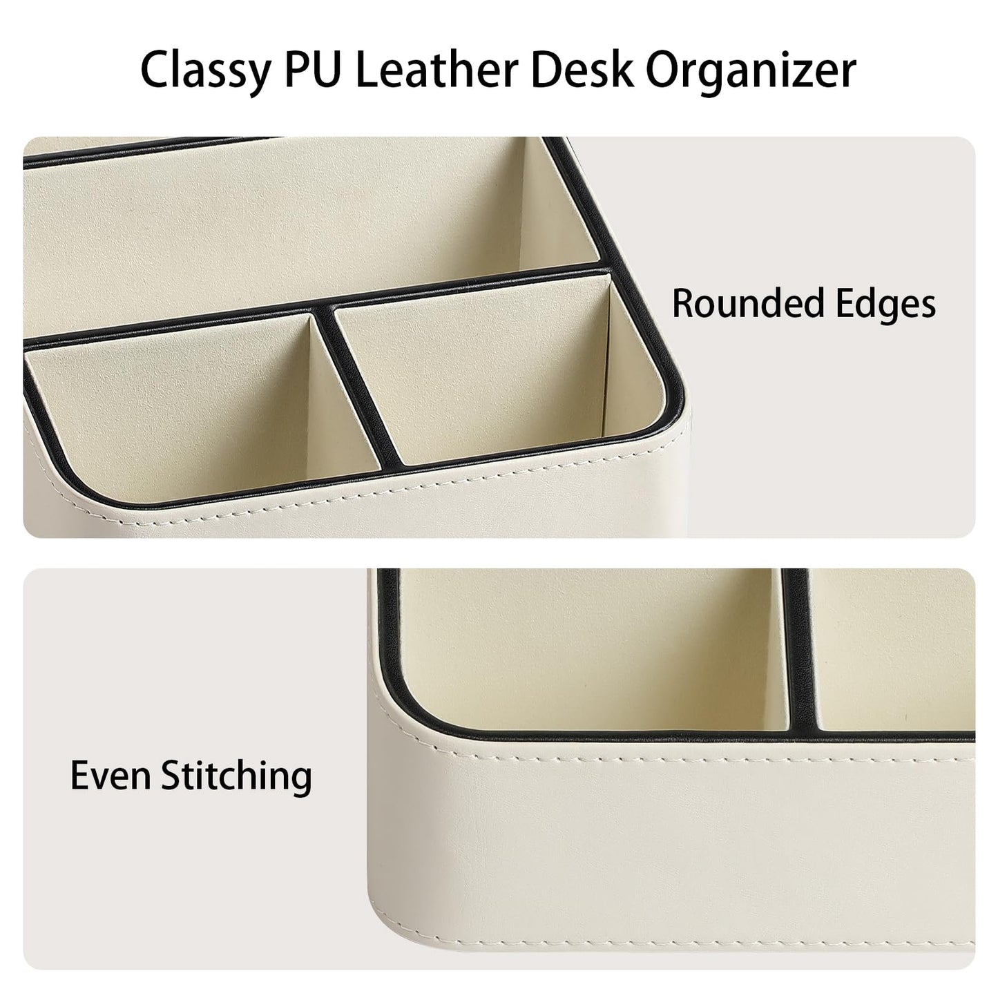 MEIBOOCH Remote Control Holder, PU Leather Small Desk Organizer with 4 Compartments, Nightstand Organizer Office Desk Accessories Desk Caddy for Countertop Bedside End Table (Cream)