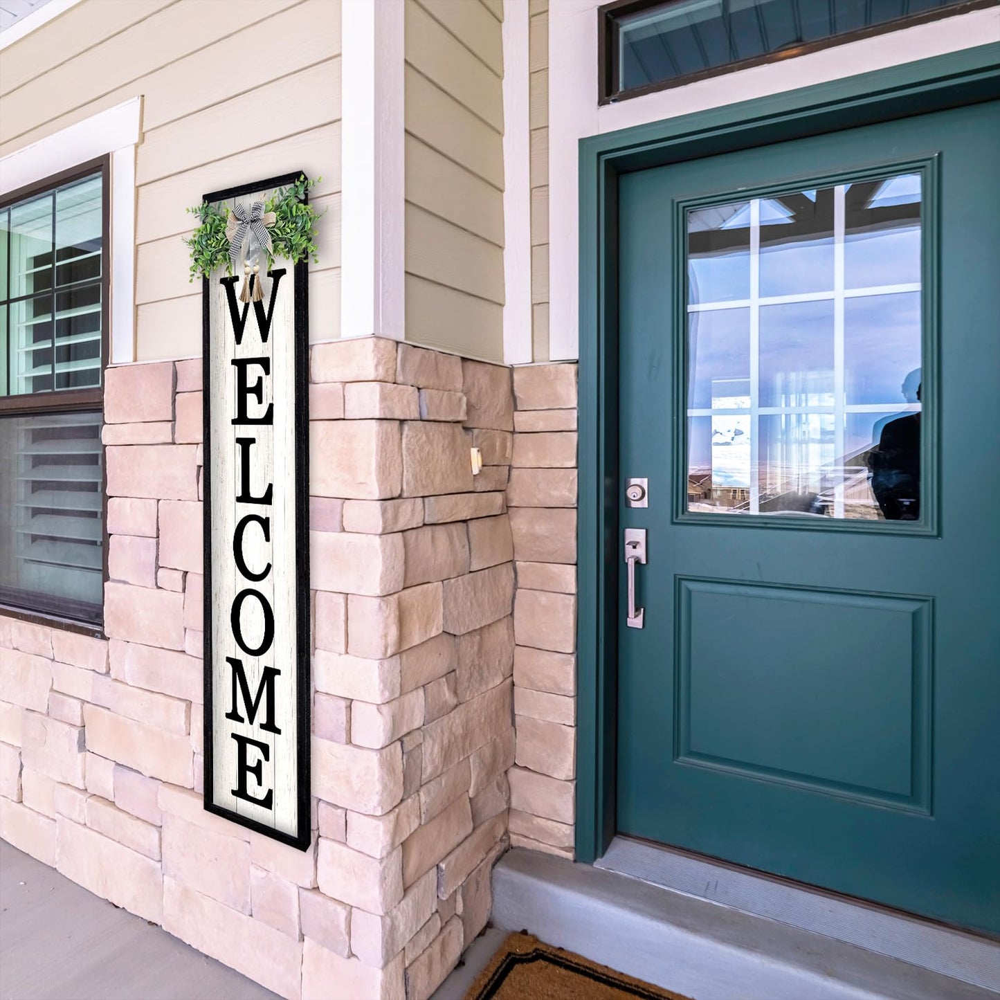 LuZhiQiang Front Porch for Welcome Standing Sign 45"X9" Vertical Tall Long Leaner Outdoor Front Door Wood Framed Decor (Black)