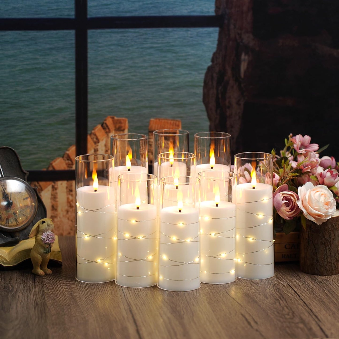 kakoya Flameless LED Candles with Timer 9 Pc Flickering Flameless Candles for Romantic Ambiance and Home Decoration Stable Acrylic Shell,with Embedded Star String,Battery Operated Candles(White)