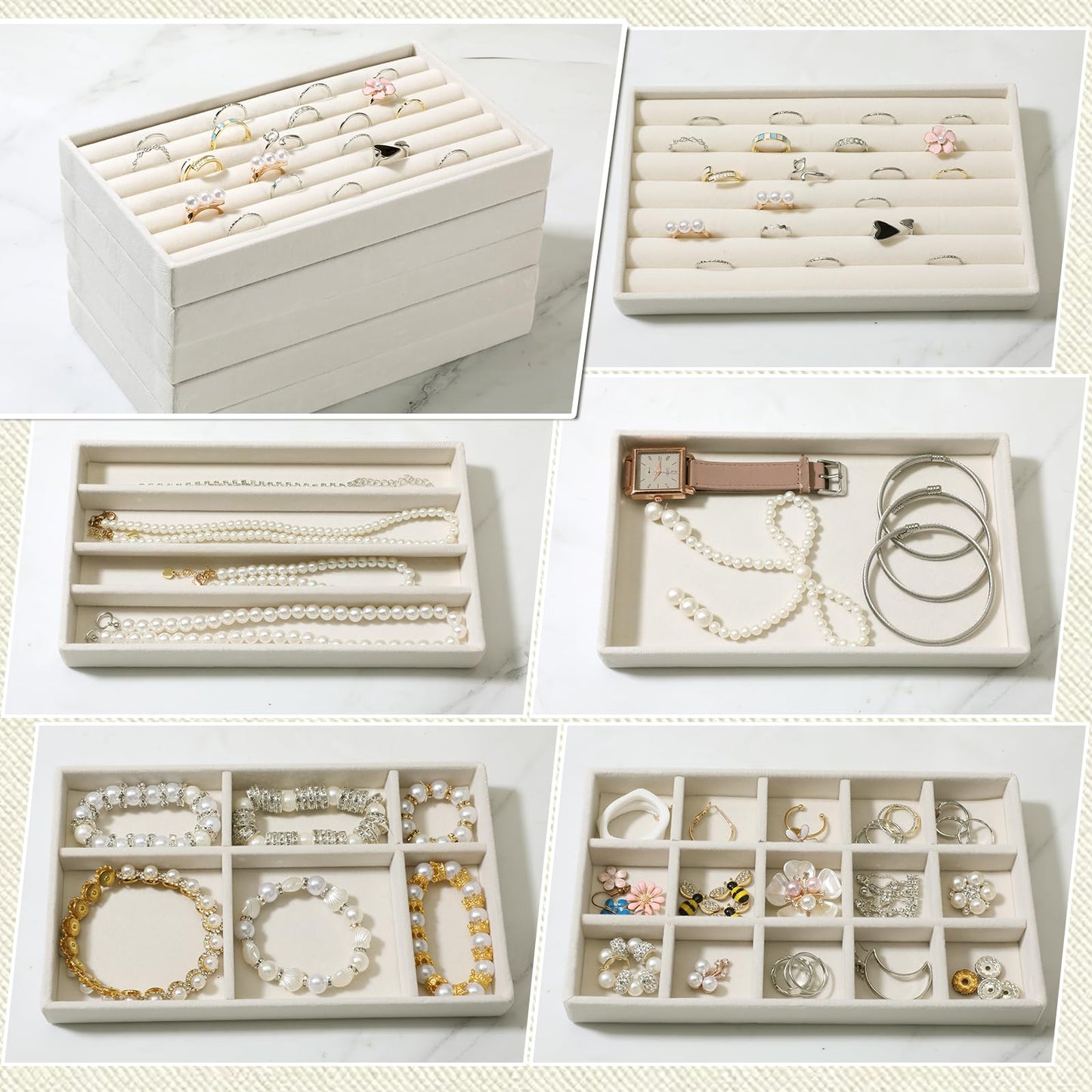 Exclaith 9 Set Velvet Jewelry Drawer Organizer Inserts, Stackable Jewelry Organizer Trays with Removable Dividers, Jewelrys Storage Display Tray, for Earring Ring Necklace Watch Bracelet, Beige