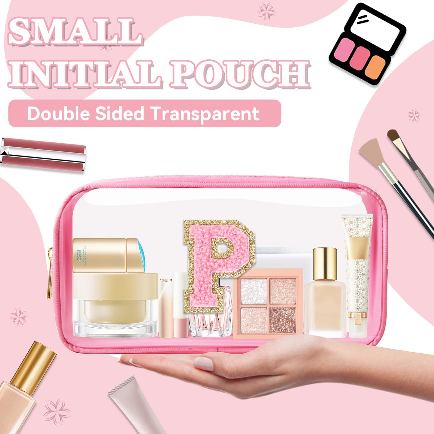 Small Clear Personalized Initial Makeup Bag, Preppy Nylon A-Z Chenille Letter Patch Makeup Organizer TSA Approved Travel Toiletry Bag,Waterproof Zip Beach Cosmetic Pouch Purse for Women(Pink-Pink P)