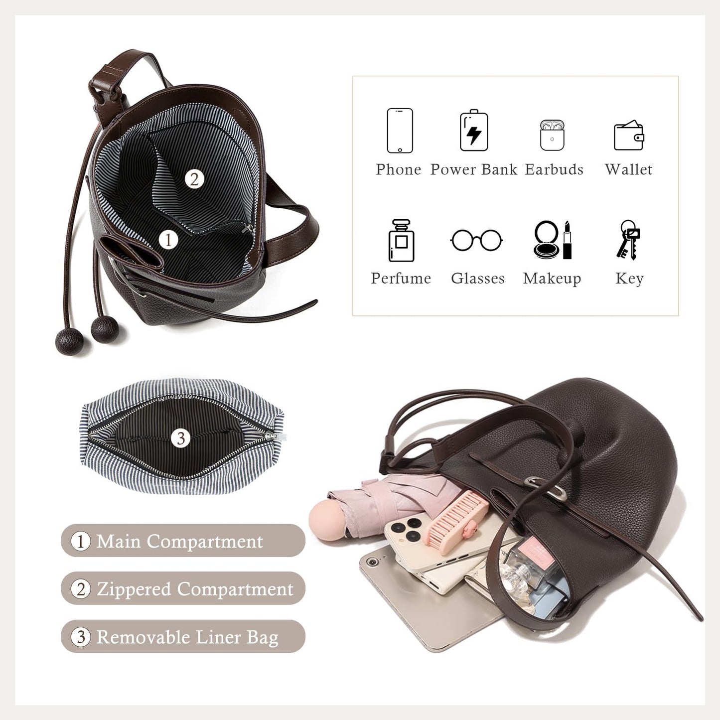 MoreFarther Genuine Leather Bucket Bag for Women, Adjustable Shoulder Bag for Work, Travel, Everyday Use (Black)