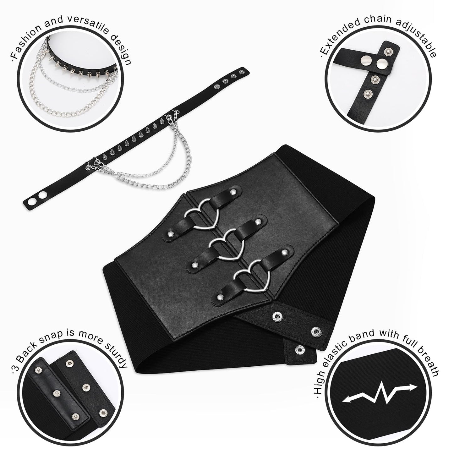 JKEEMI Women Corset Belt With Black Choker Set,Heart-Ring Wide Elastic Waist Goth Leather Corset for Daily Cosplay Halloween Costume Gifts