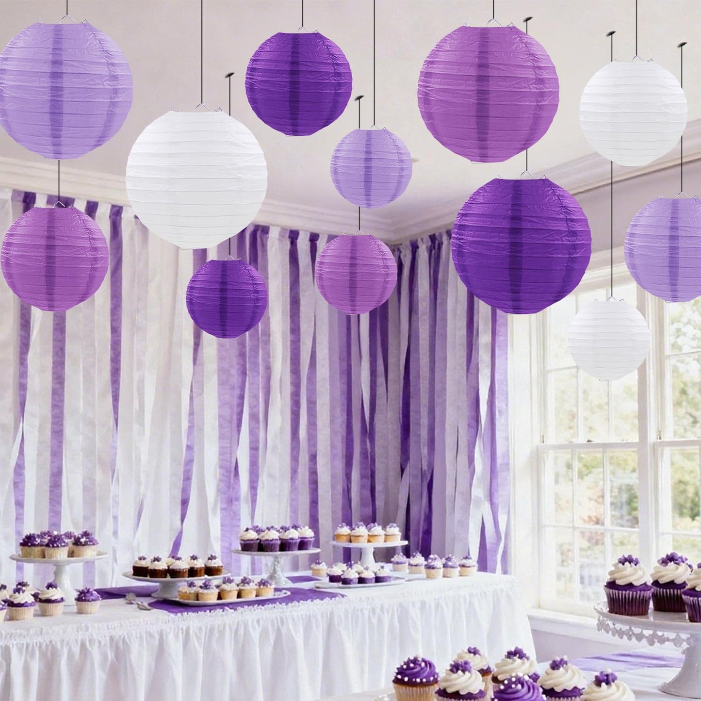 FUGUIR Purple Paper Lanterns Party Decorations, Hanging Round Paper Lanterns for Bachelorette Engagement Wedding Baby Bridal Purple Birthday Decorations (12 PCS)