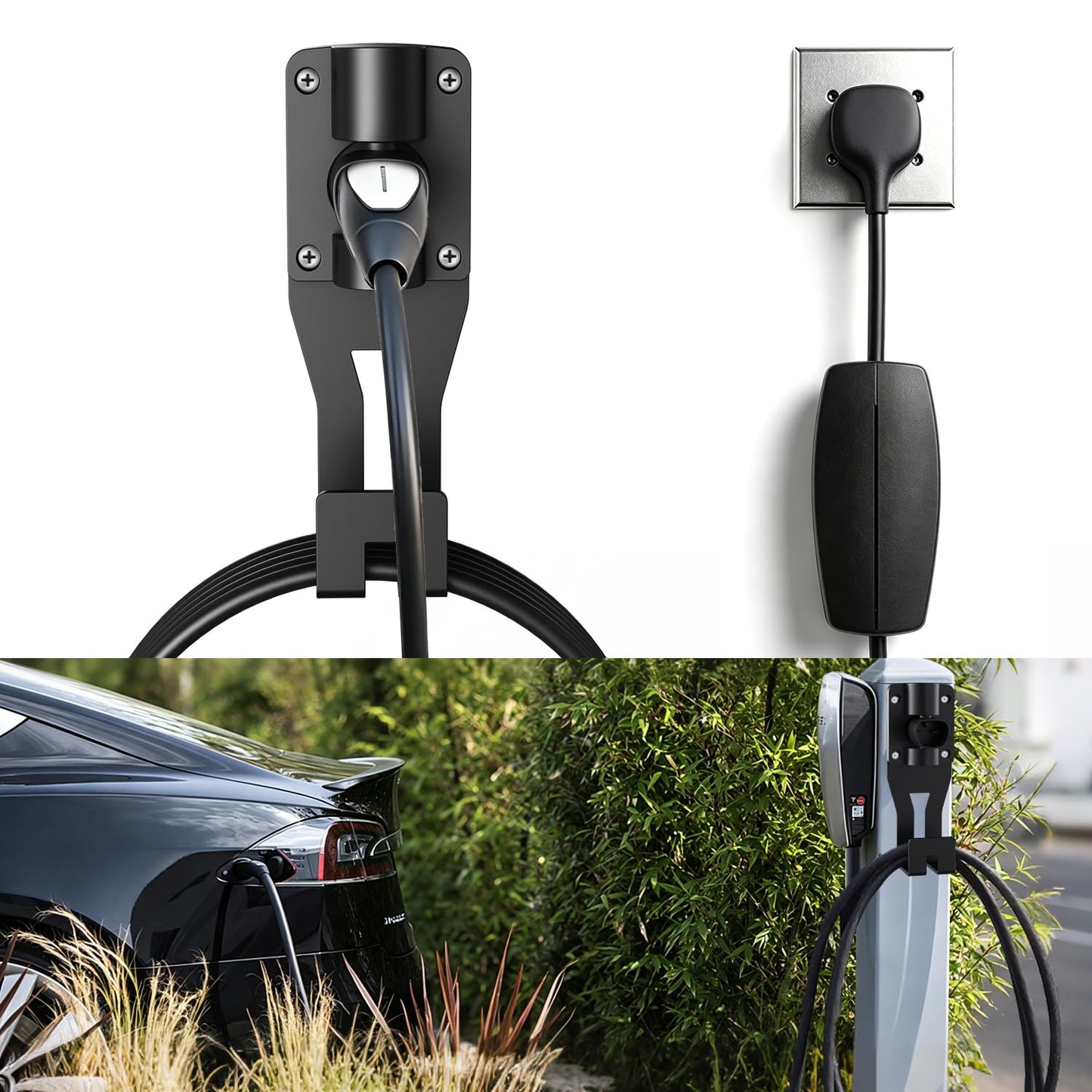 SEVEN SPARTA Charging Cable Holder with 180° Swiveling Holster, Compatible with Tesla Model 3 Model Y Model X Model S Charger Cable Organizer Car Accessories Wall Connector (Black)