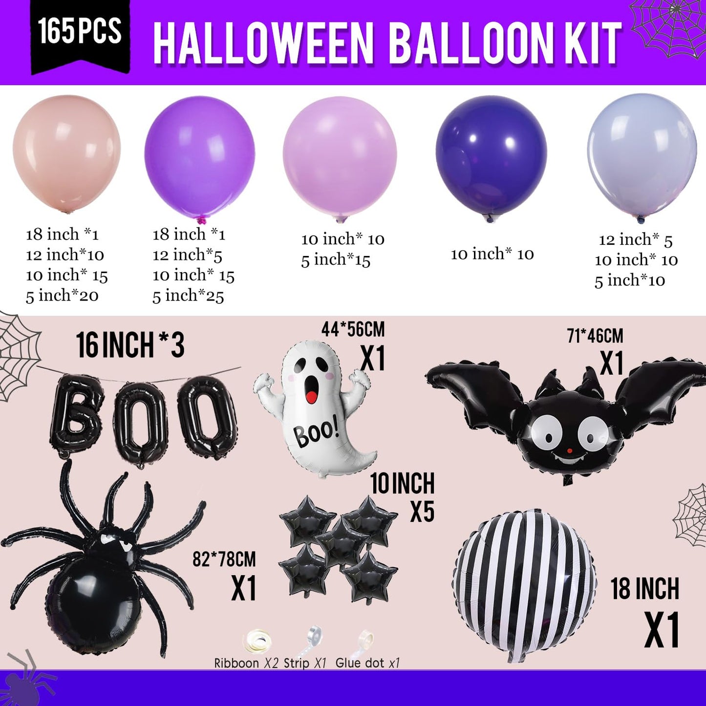 Halloween balloons Pink and Purple balloon garland arch kit 160pcs with BOO ghost spider bat mylar balloons for Halloween birthday baby shower spooky one happy boo day party decorations