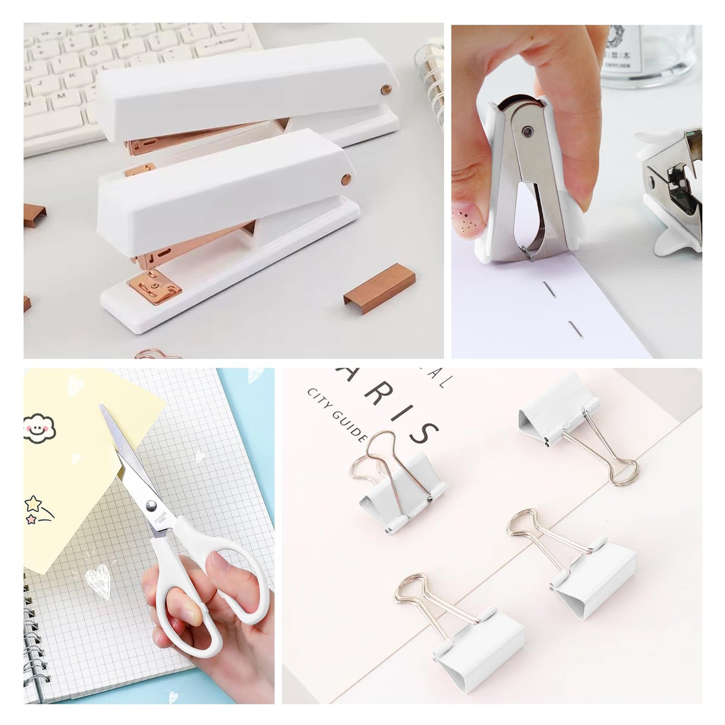 11 Pcs White Desk Accessories, 360 Degree Rotating Pen Holder Set with Stapler Set, Tape Dispenser Set, Scissor, Paper Clips Kit, Pen, Ruler & Sticky Tabs for Office School Home (White)
