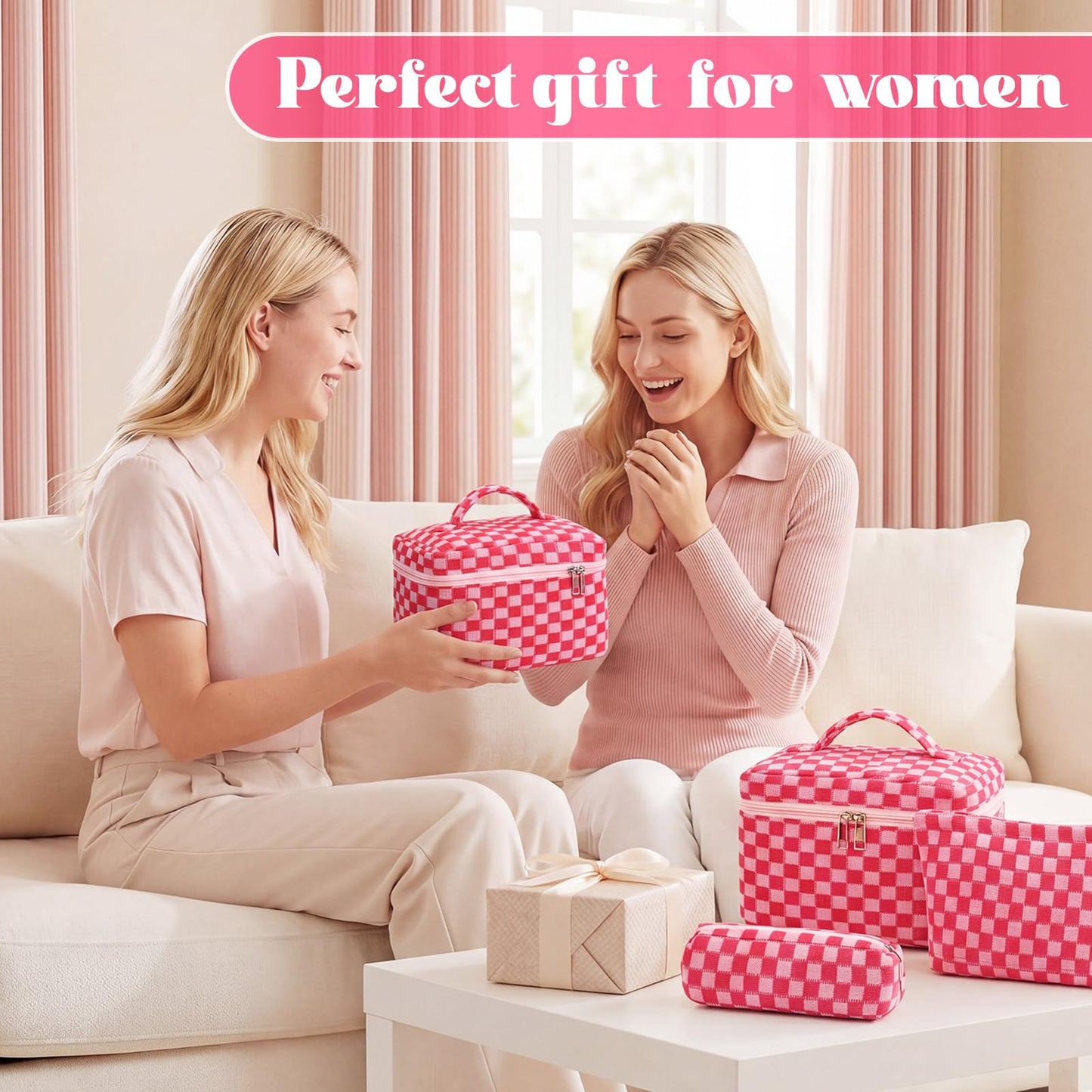 Gilprop 3 Pcs Knit Checkered Makeup Bags Zipper Cosmetic Bag for Purse Large Travel Toiletry Bag Organizer Portable Accessory Pouch Brush Bags Pencil Case for Women (Hot Pink)