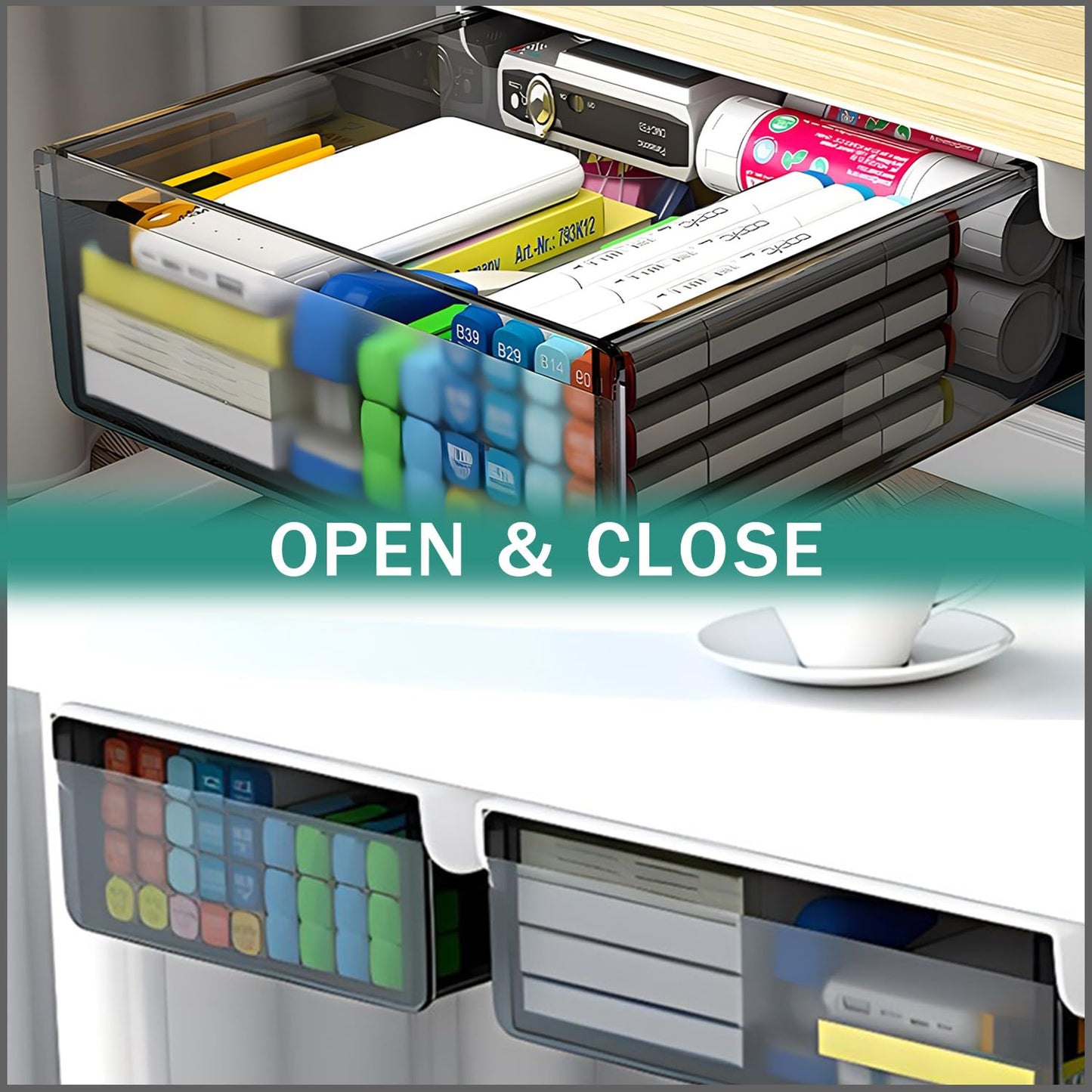 SVNNELP Under Desk Table Drawer Storage Organizer Slide Out, Attachable Hidden Self-Adhesive Under Desk Pencil Tray Drawer for Office/Classroom/Home (Clear Black/M)
