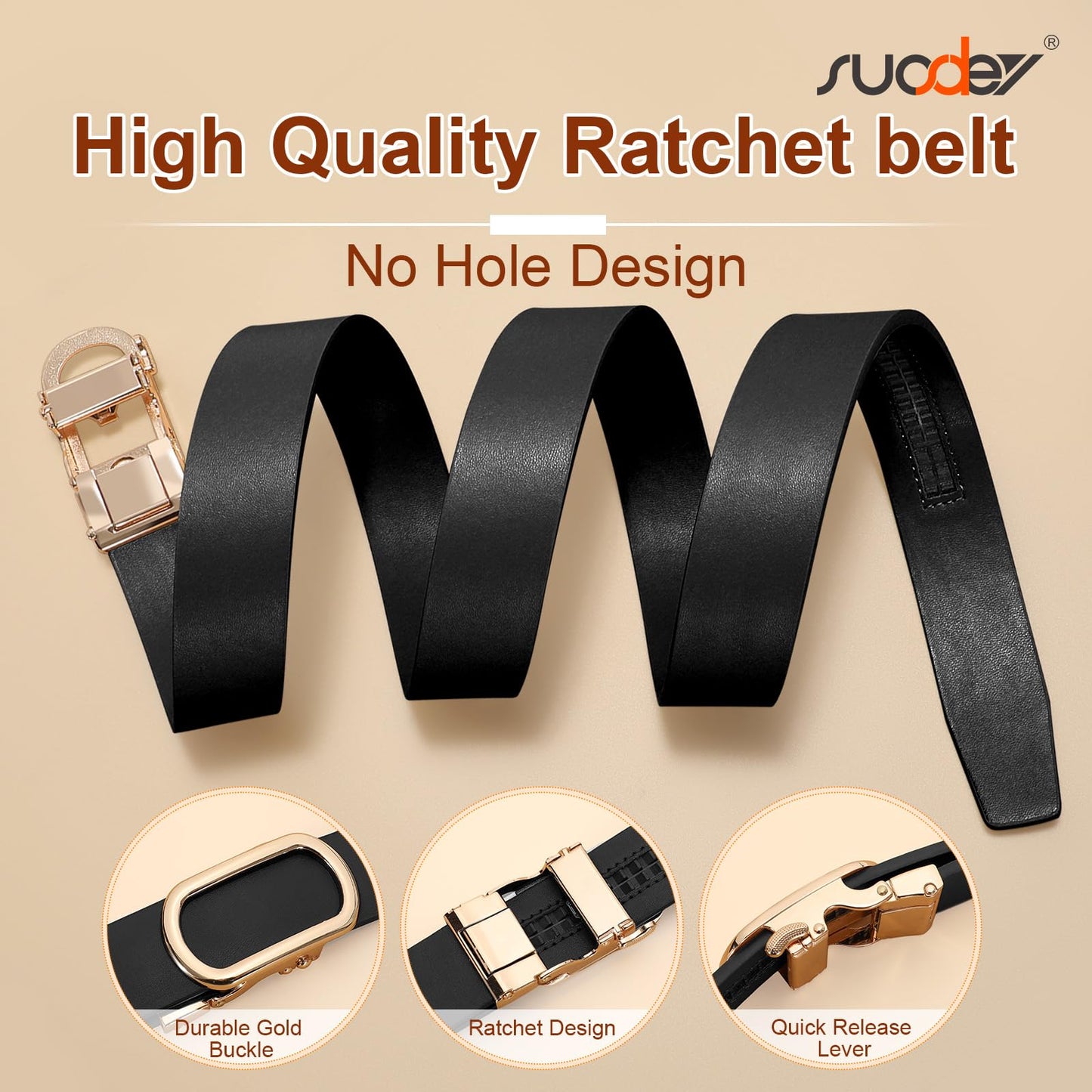 SUOSDEY Women Leather Ratchet Belt for Jeans Pants with Gold Automatic Sliding Buckle,Ladies Dress Belt,Width 1.2"