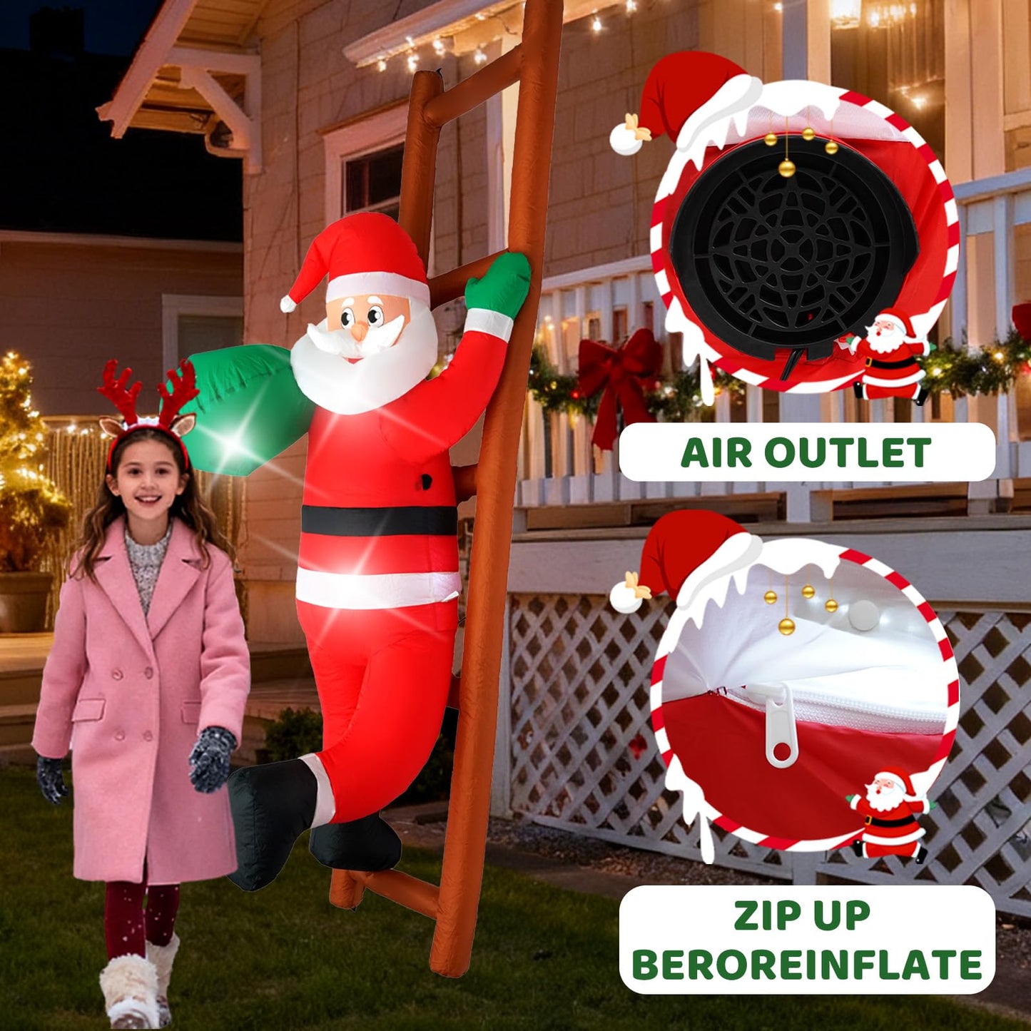 InfleasJoiy 8FT Santa Claus Climbing on Ladder Christmas Decoration with Built-in LED Lights, Christmas Outdoor Inflatable Decoration for Lawn, Yard, Garden, Patio