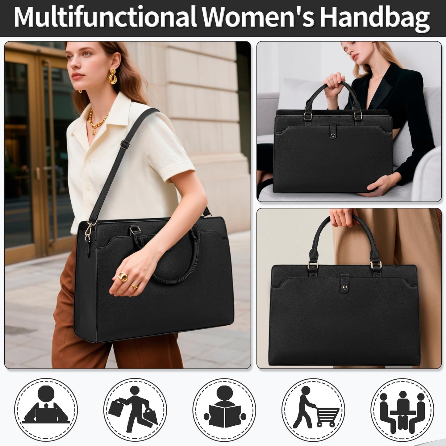 GMAK Laptop Tote Bag for Women, Office Work Bag Briefcase for 15.6 inch Laptop, PU Leather Teacher Tote Bag Large Capacity Waterproof Computer Bags Teacher Handbag for Commute Office Travel, Black