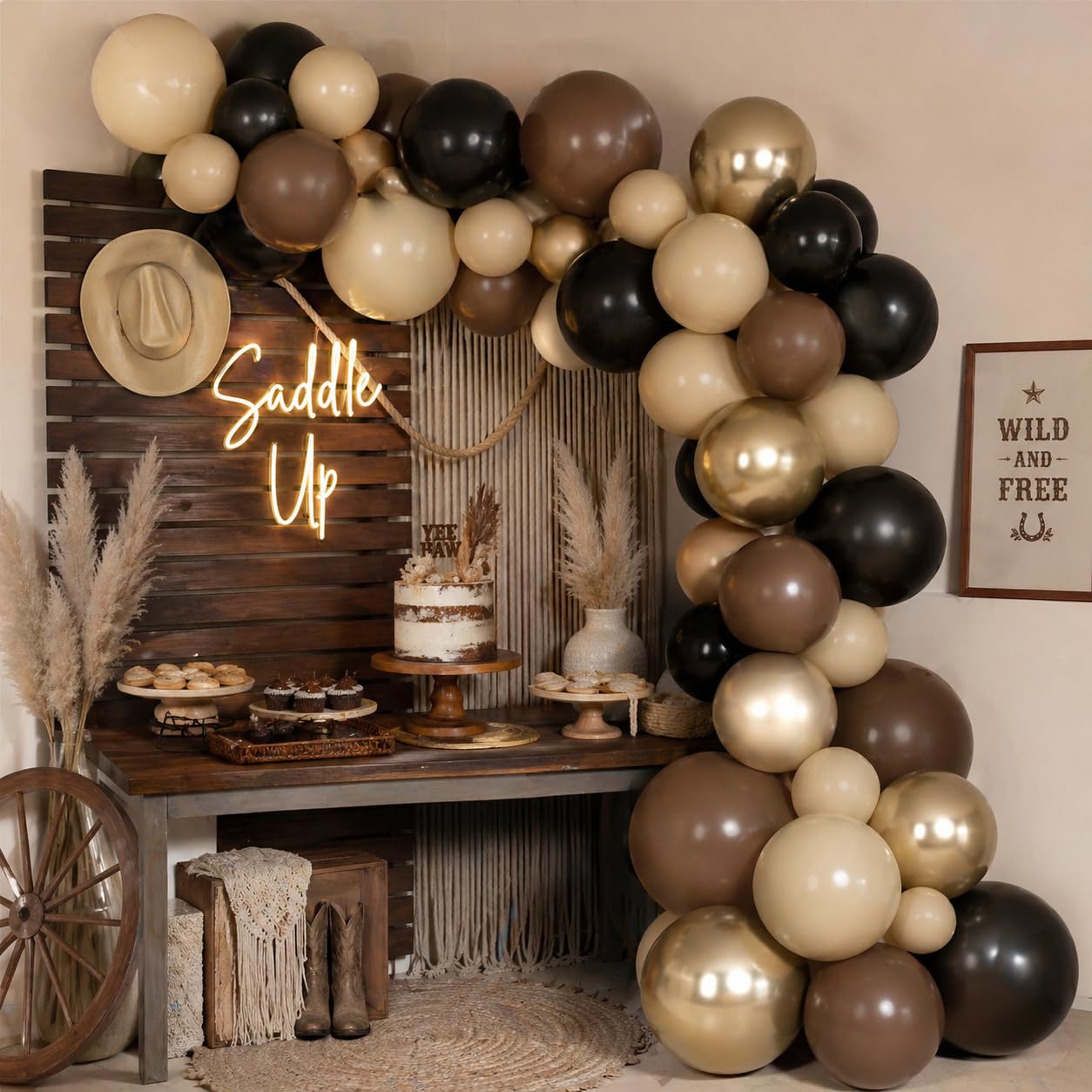 Brown Black Gold Balloons, 12 Inch Neutral Brown Tan Nude Black Beige Ivory Latex Balloons with Metallic Gold Balloon for Graduation Cowboy Western First Rodeo Wild West Country Farm Boho Baby Shower