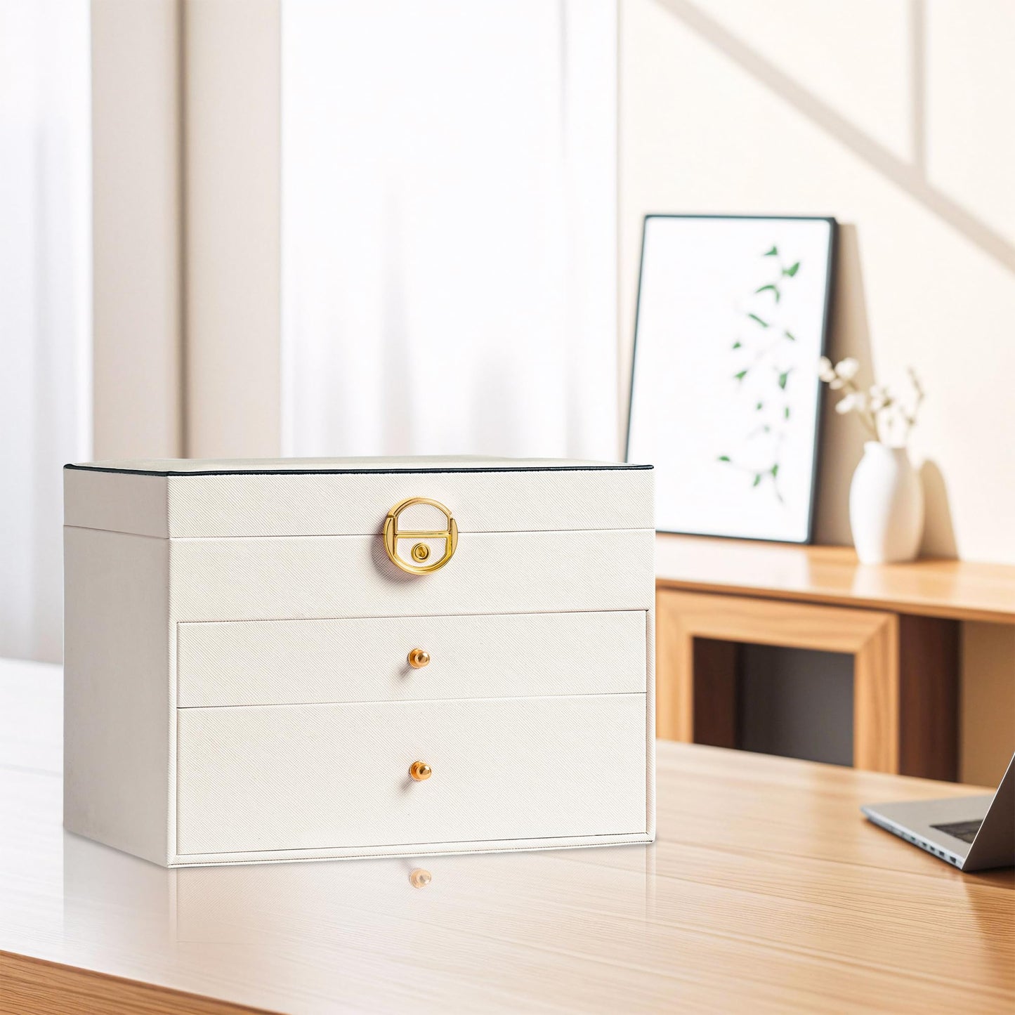 GALHUBIS Jewelry Box, 3 Layers Leather Jewelry Storage Display Box for Women, Gift Case, 2 Drawers, Large Capacity for Necklace Earrings Bracelets Rings, White