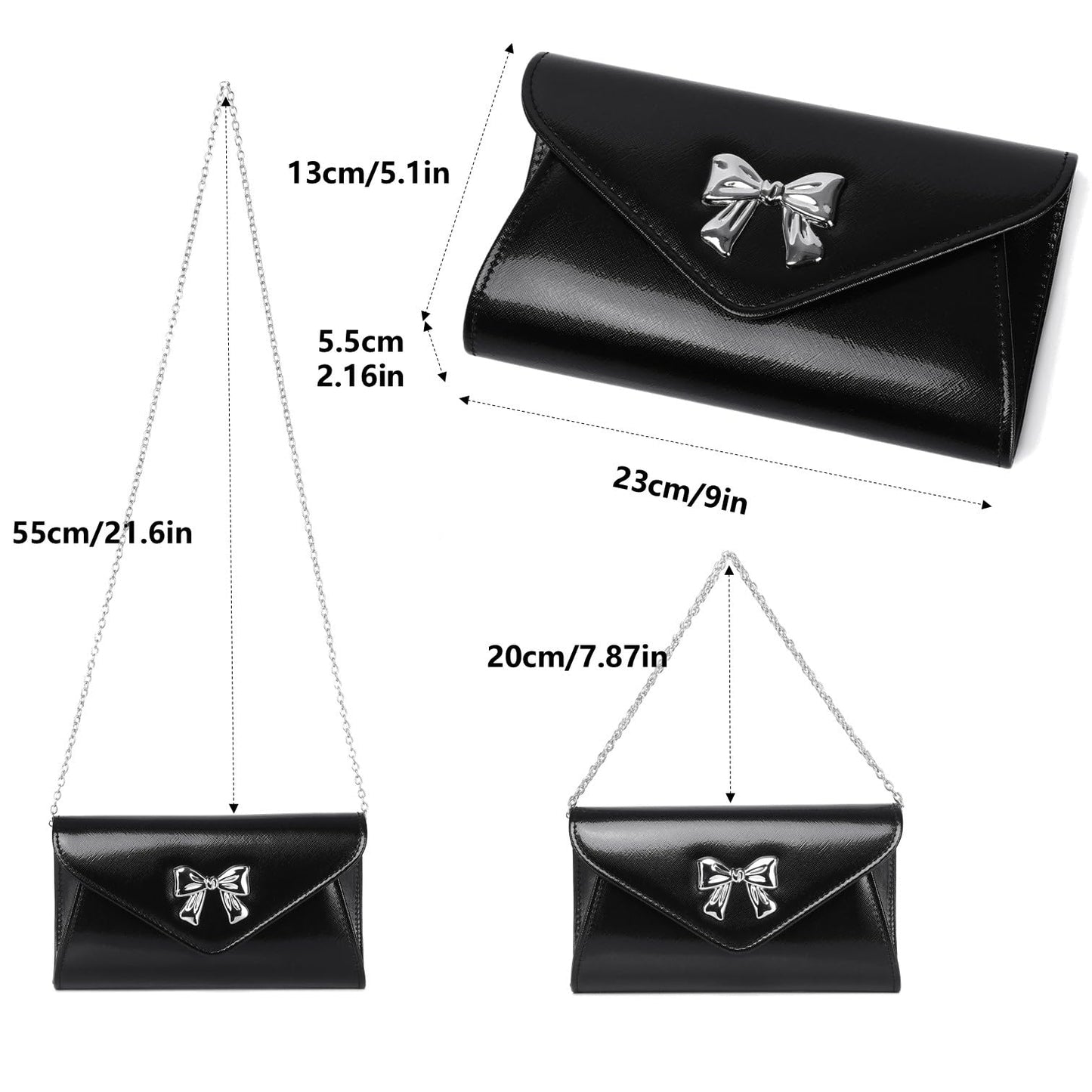 Gurina Evening Clutch Purse for Women with Bow Detail, Elegant PU Leather Shiny Party Bag with Detachable Chain Wedding Prom Handbag (Black L70)