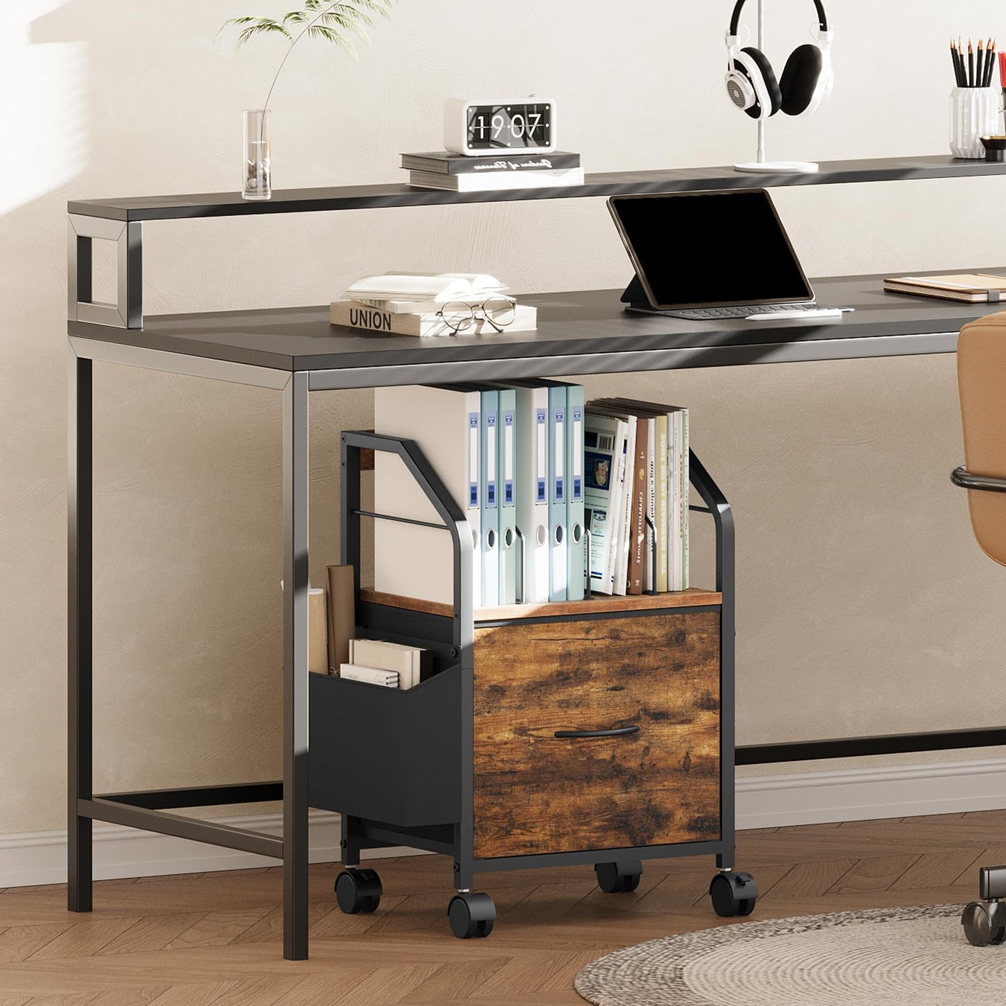 MAHANCRIS Small File Cabinet, Rolling Filing Cabinet for Under Desk with Divider, Single Non-Woven Fabric Drawer File Organizer for A4/Letter Size Documents, Under Desk Storage, Rustic Brown FCHR3001