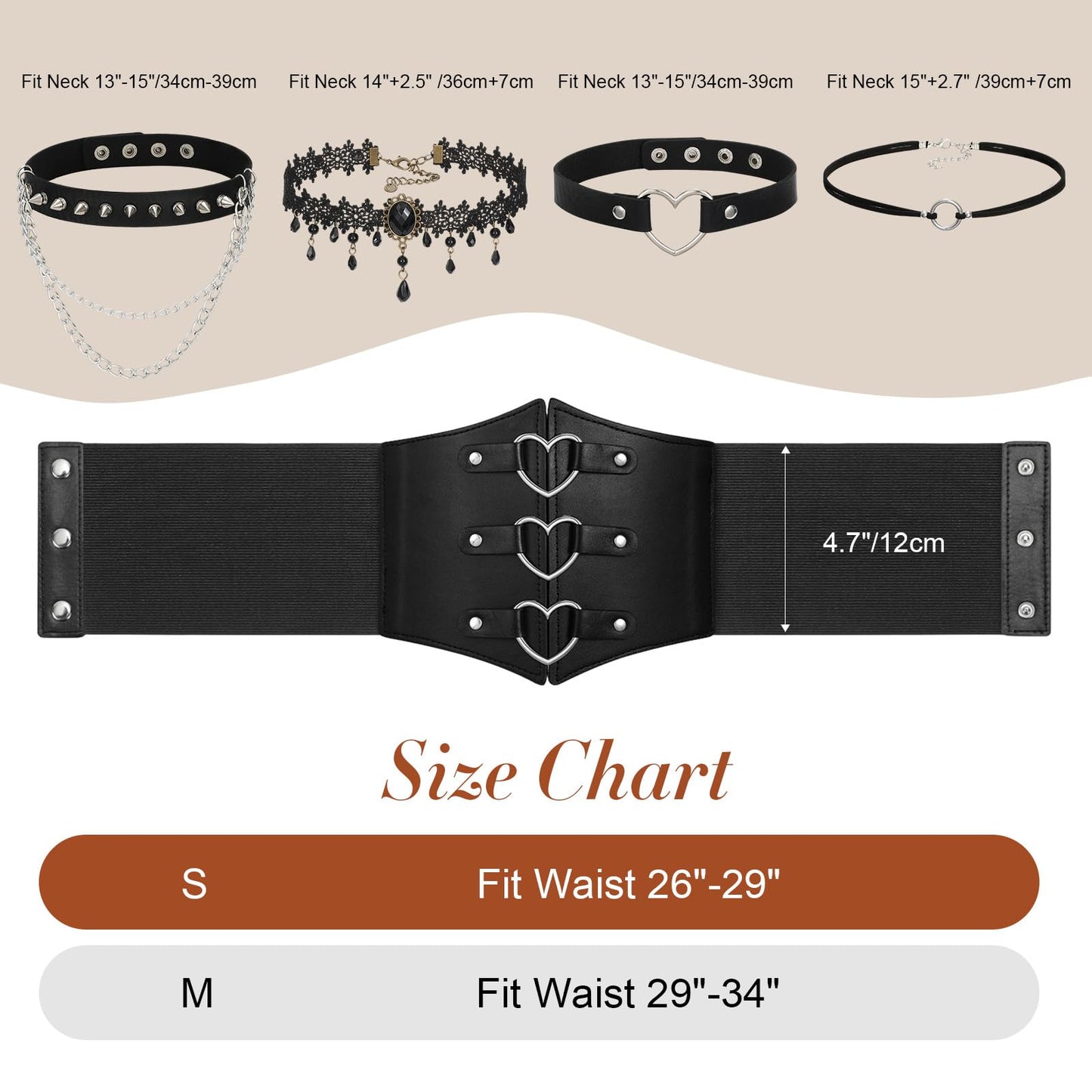 JKEEMI Women Corset Belt With Black Choker Necklace Set, Heart-Ring Wide Elastic Waist Belt Adjustable Gothic Velvet Collar Choker Party Gifts