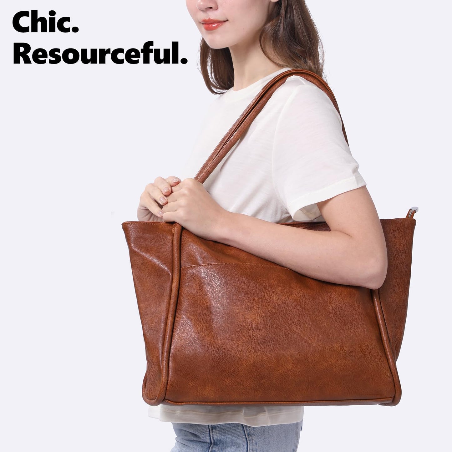Utenwat Large Tote Bag for Women Work with Zipper 16L Vegan Leather Ladies Travel Purses and Handbags Brown