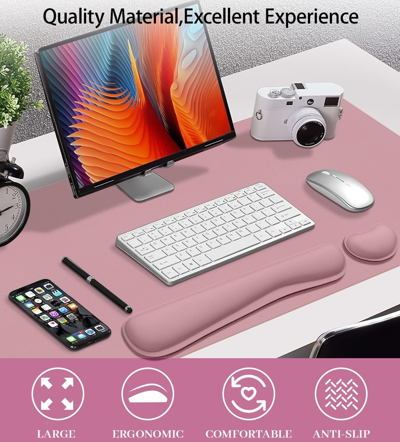 Meetcolor Mouse Pad and Keyboard Wrist Rest, 3-in-1 Large Keyboard and Mouse Pad Set, Ergonomic Wrist Rest for Computer Keyboards, Non-Slip Desk Mat Protector for Women (Purple Pink, 31.5" X 15.7")