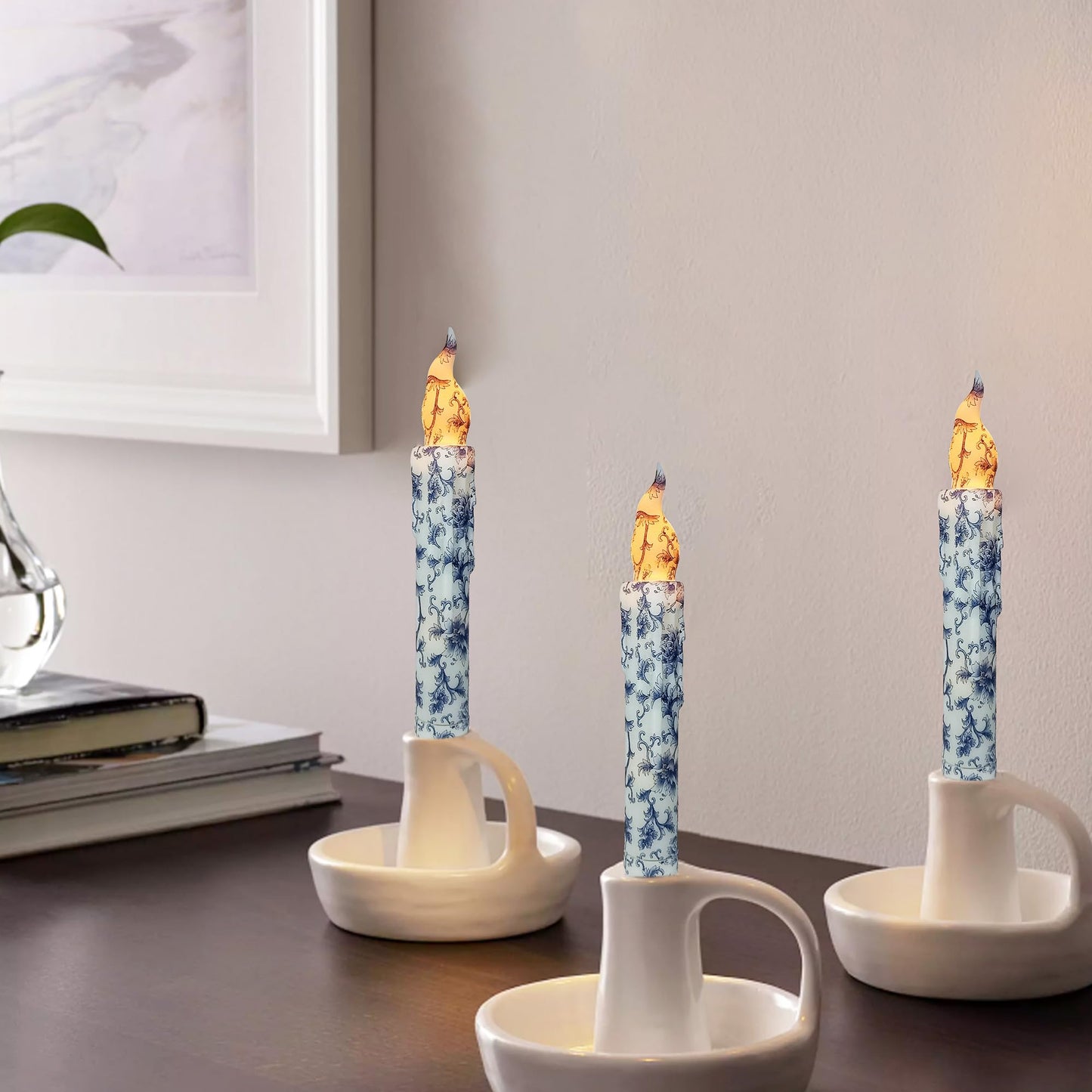 FCMSHAMD Blue and White Porcelain Flameless Short Taper Candles, Drip LED Battery Operated with Remote, Flickering Flame Lights for Home Décor, 6.7 Inch Primitive Flameless Print Candles, 4PCS