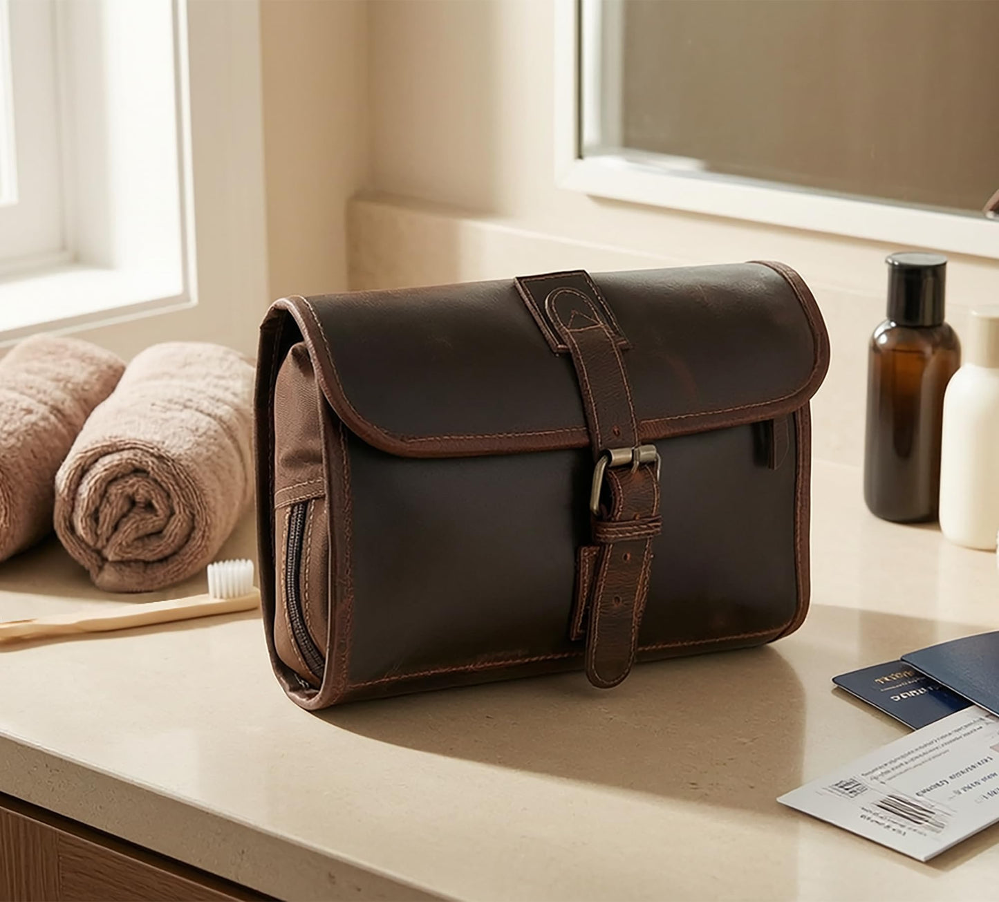RUSTIC TOWN Leather Hanging Toiletry Bag for Men - Travel Shaving Dopp Kit - Bathroom Shower Toiletries Organizer - Leather Makeup Cosmetic Bag for Women