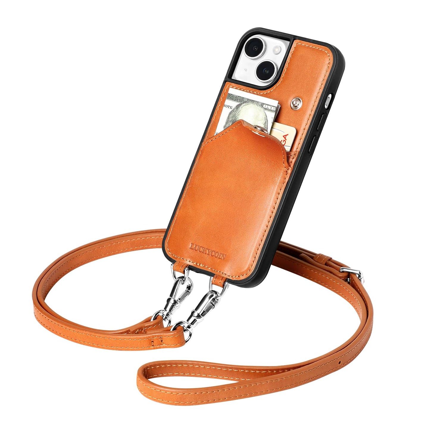 LUCKYCOIN Crossbody Wallet Purse Case for iPhone 15,Genuine Leather Drop-Protection Phone Case for Women with Expandable Card Holder & Adjustable Strap,Hands-Free for Travel & Daily Use -Brown