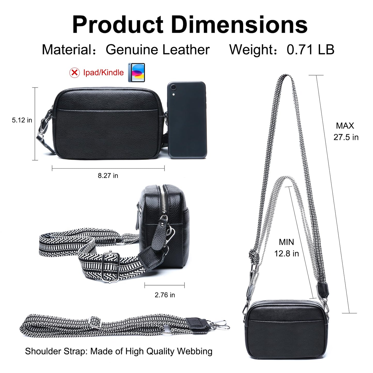 Utenwat Small Crossbody Bags for Women Genuine Leather, Guitar Strap Shoulder Handbag Purse Camera Bag with Rfid Card Slots, Black