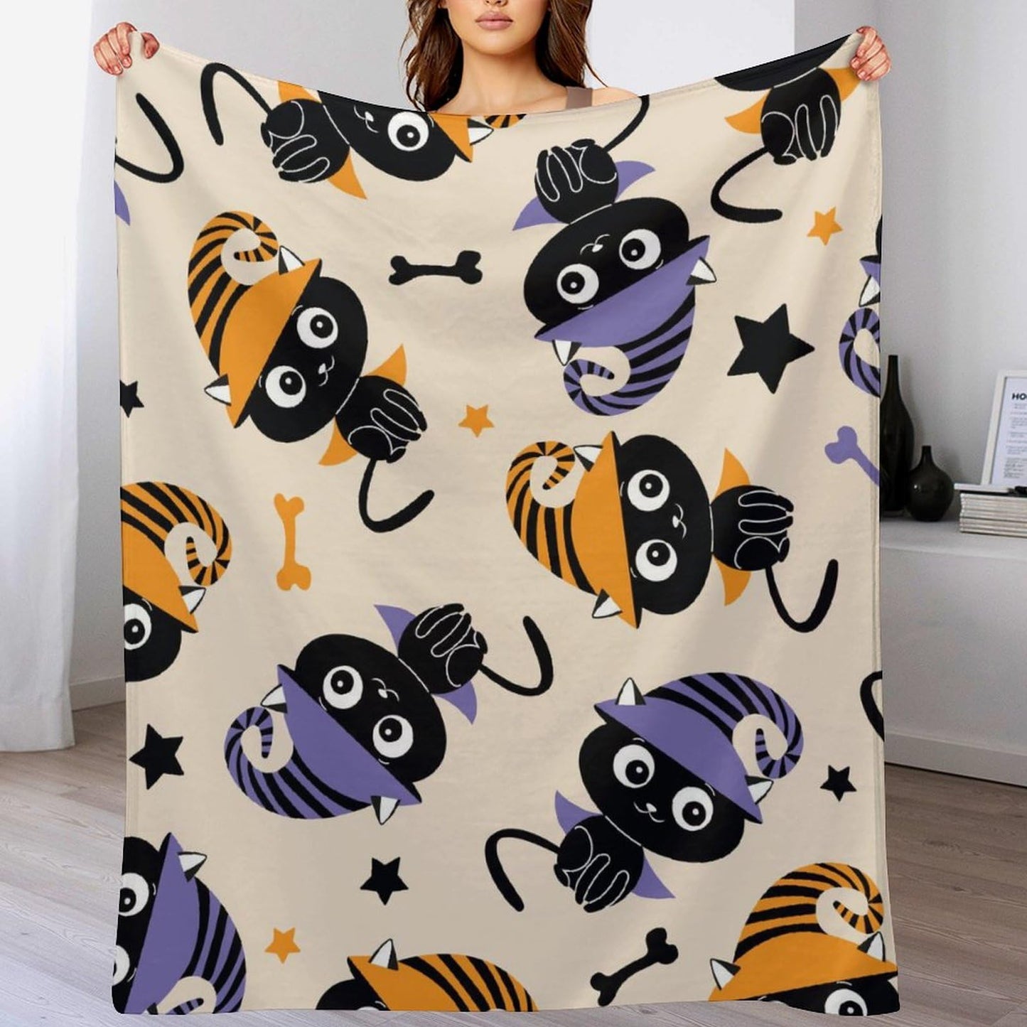 All Saints' Day Printed Blanket Super Soft Flannel Fleece Cozy Blankets for Bed,Sofa,Couch,Gifts for Women Men,Camping and Travel Warm Fuzzy Blanket for All Season (Cat, 50" x60)