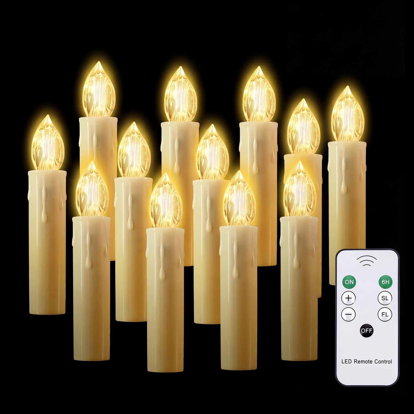 JOSU Flameless Christmas Trees Candles, 12Pcs Led Flickering Lights Battery Operated Candlesticks with Remote Timer/Clips, Warm White Window Taper Candles for Home Wedding Halloween Birthday Decor