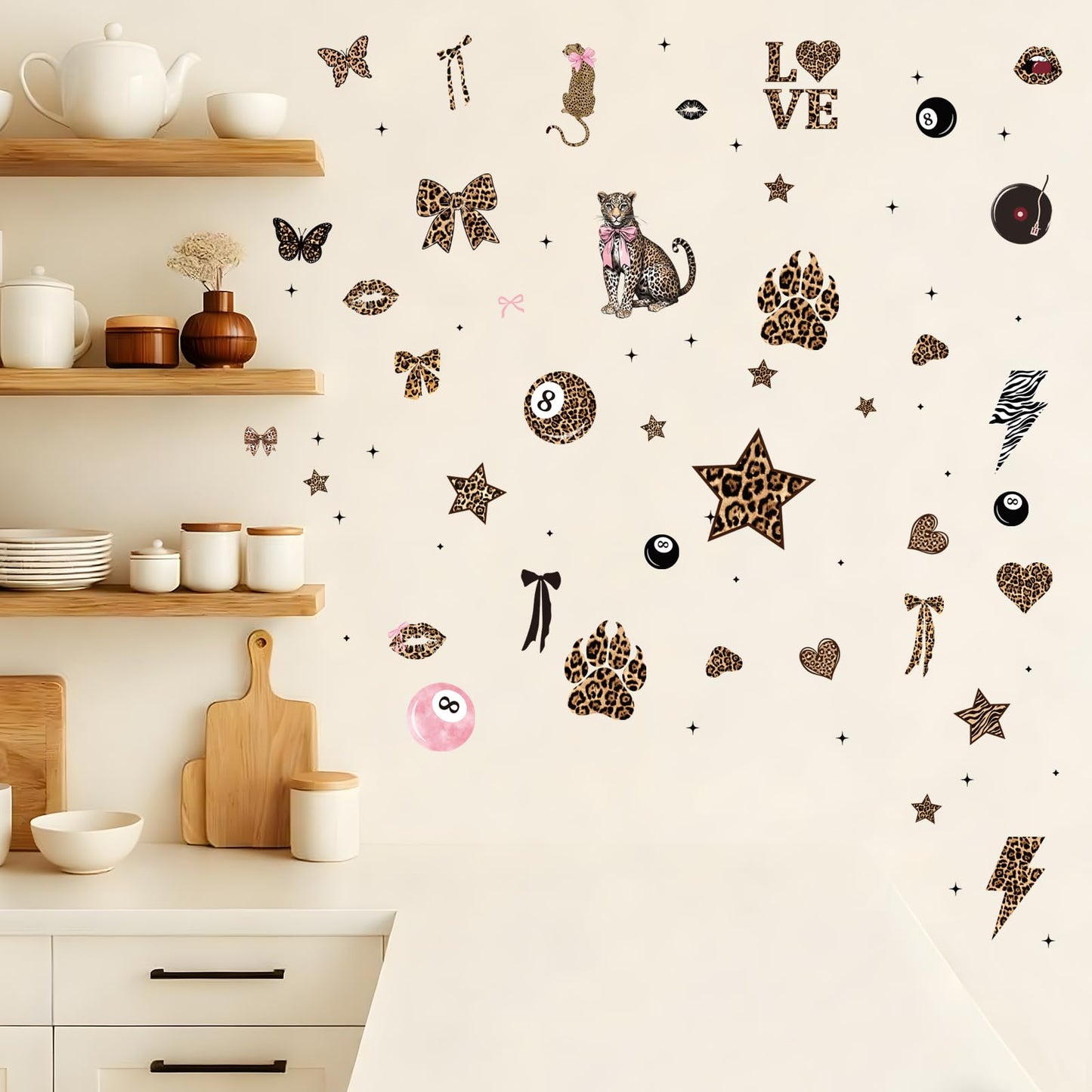 Wxiben Cheetah Print Wall Decals - 200 Pcs Leopard Print Walls Stickers Decor for Room Y2K Bow Star 8 Ball Peel and Stick Wall Decals for Home Bedroom Living Room Classroom Apartment Dorm