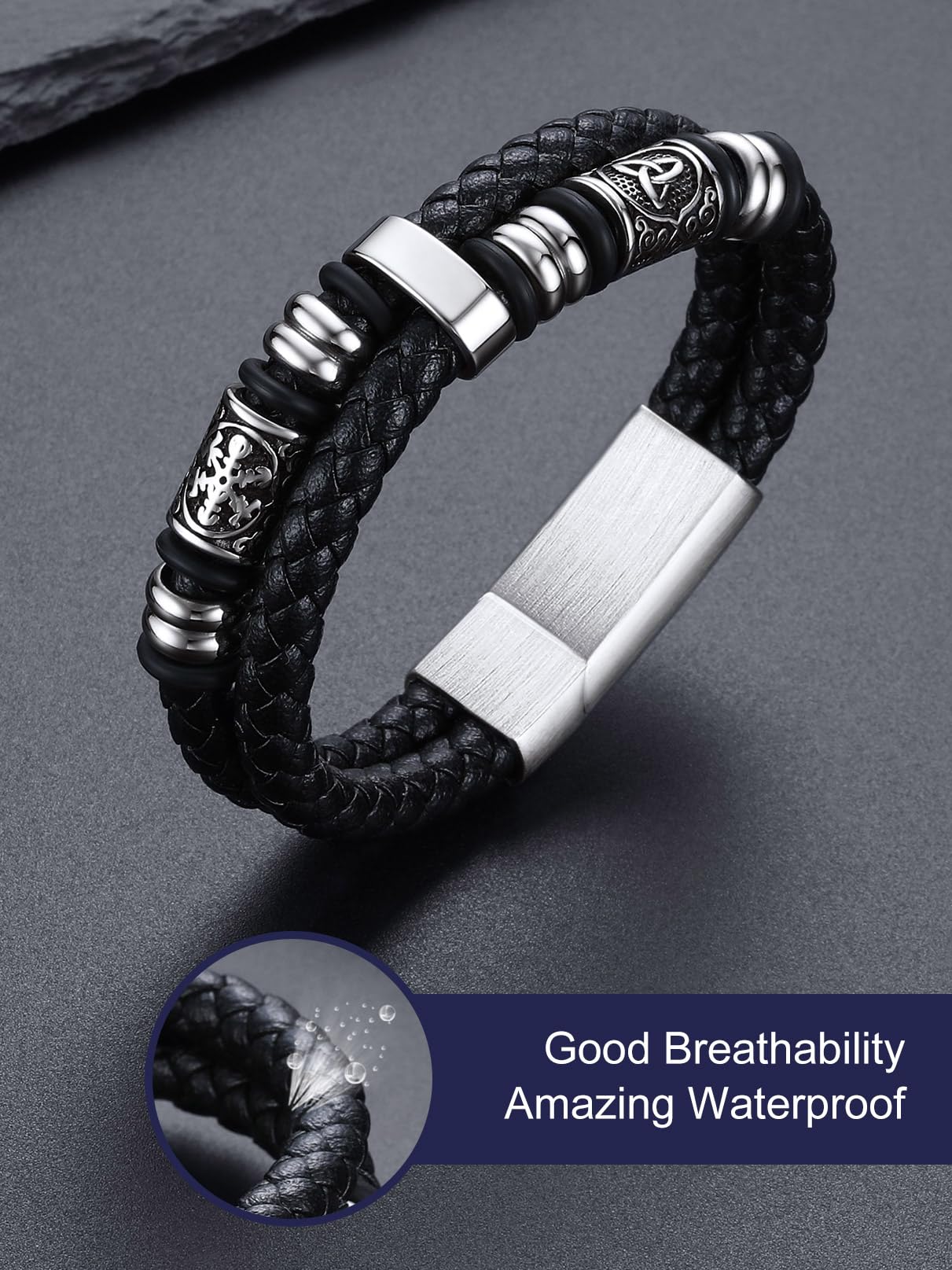 Bandmax Men's Norse Bracelet 8 inch Viking Celtic Knot Beads Bracelets Black Leather Braided Rope Wristband for Men Son Husband Grandson Gift For Father's Day Birthday Christmas Graduation