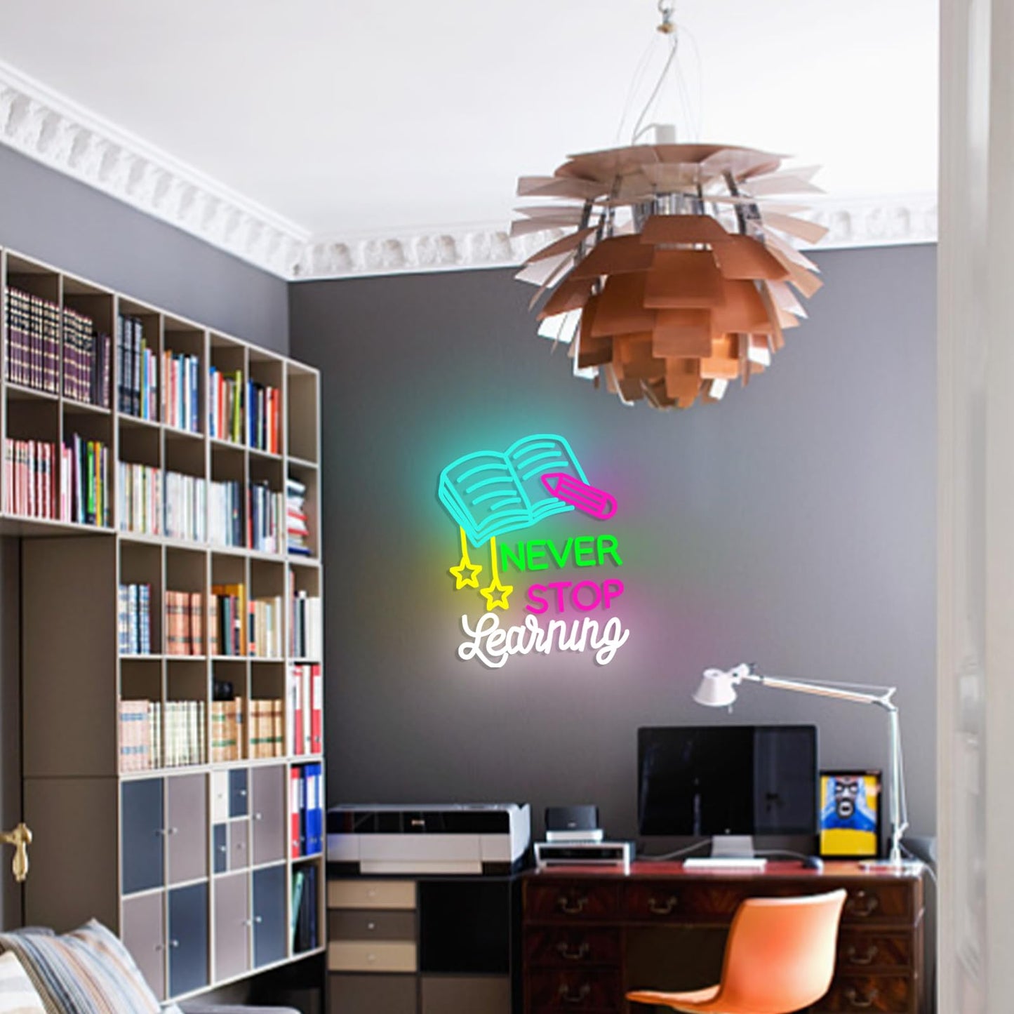 AEHEMNGZ Read Books Neon Sign Led Never Stop Learning Light Up Sign for Wall Decor Dimmable Positive Reading Book Neon Classroom Sign for Learning Room Bookstore Study Room Library