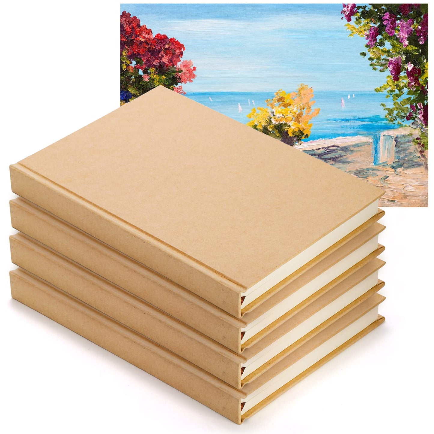 ZEAYEA 4 Pack A5 Blank Notebook Journal, 6 x 8.5 Inch Hardcover Notebook, 120 Sheets/ 240 Pages Per Book, 100gsm Thick Paper, Kraft Unlined Sketch Book for Student, Office, School and Journal Refills