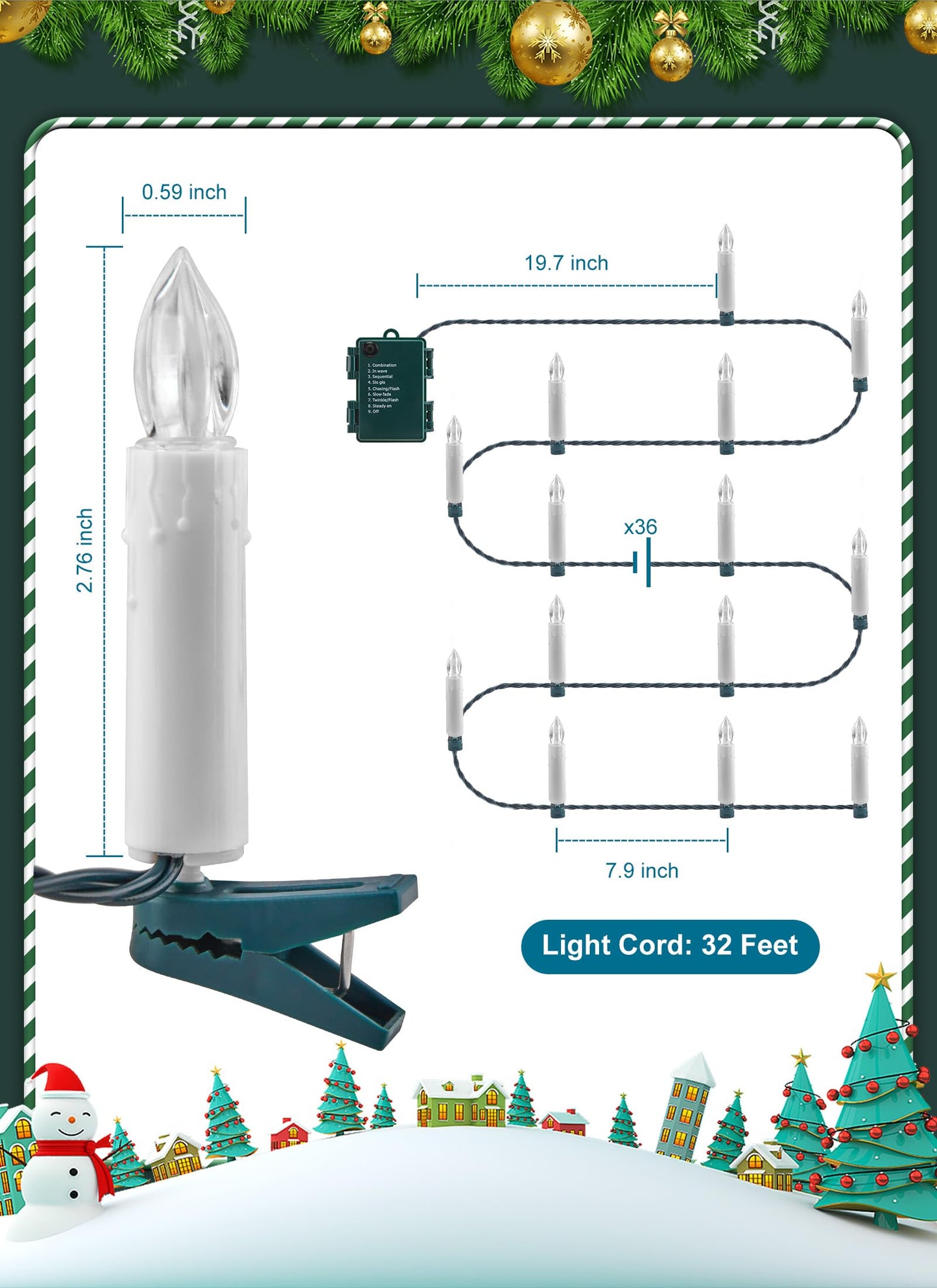 Minetom 50LED Battery Operated Christmas Tree Candles, Flameless 48FT Clip On Lights with 8 Modes, Waterproof Warm White String for Xmas Holiday Wedding Party Home Garden Decor