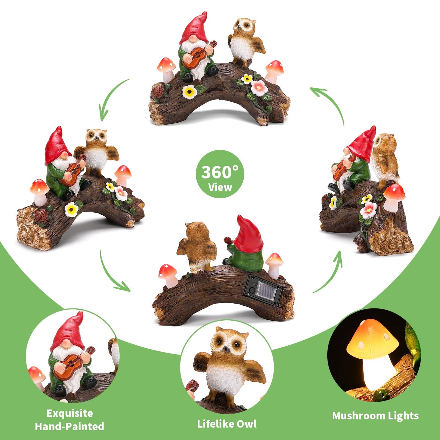 WONDHOME Solar Owl Gnome Garden Statues Whimsical Outdoor Decor with Mushroom Lights for Patio Lawn Yard Decorations Christmas Birthday Housewarming Gardening Gifts for Women Mom