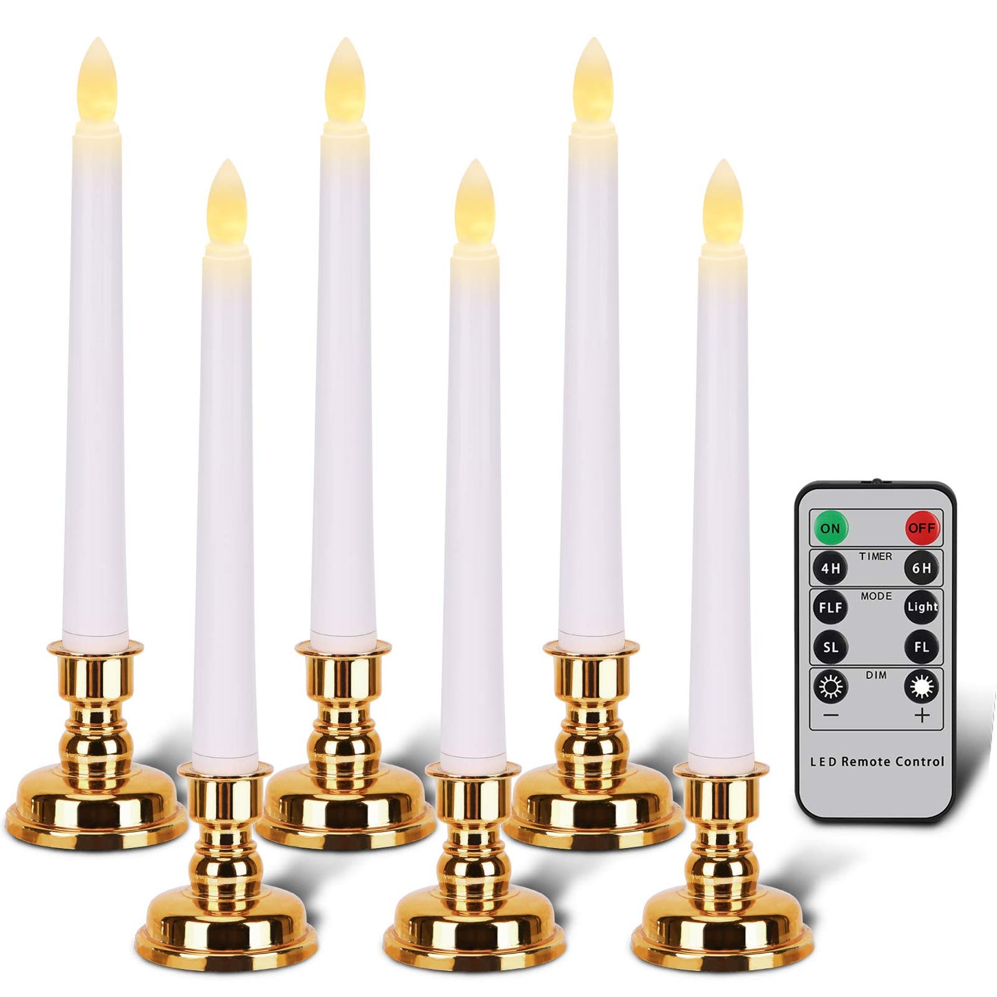 FREEPOWER Flameless Window Candles with Gold Bases, Battery Operated Taper Candle with 4H/6H Daily Timer, Remote Window Candle with Unique Flame