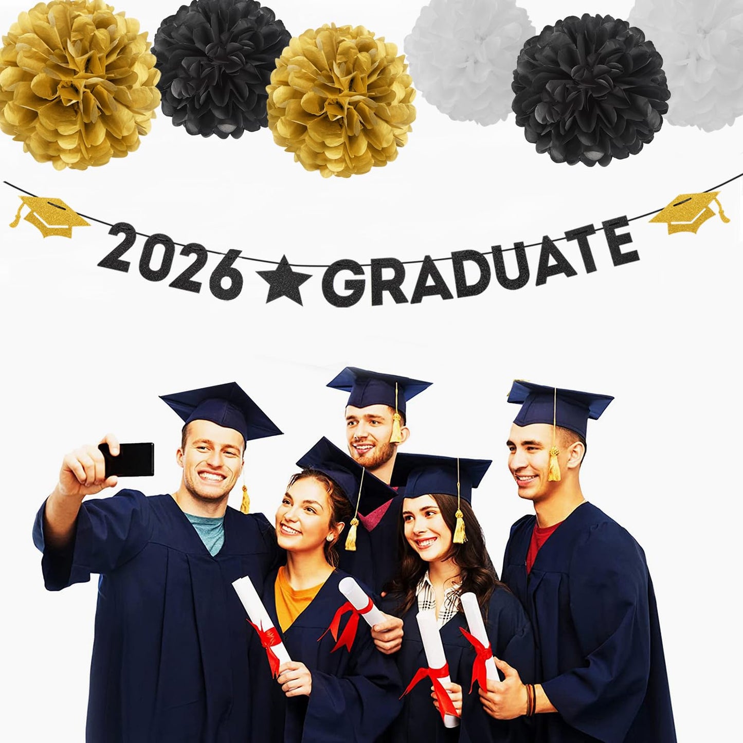 Black White-Gold Party-Decoration Graduation Banner - 8pcs Kits Cap Garland Streamers, Paper Tissue Pom Poms Flowers, 2026 Graduate Banner Congratulations Grad Decor Lasting Surprise
