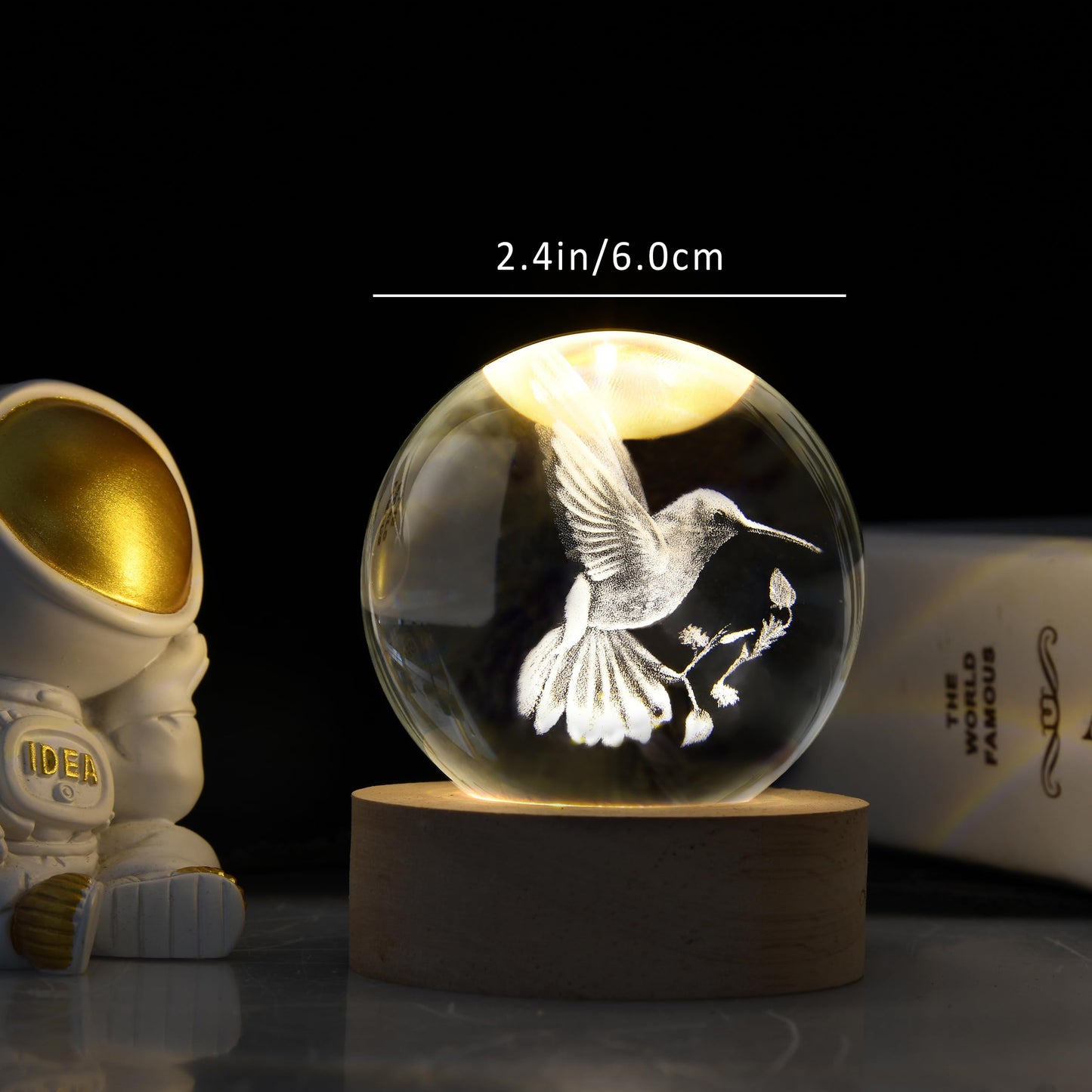 AOFEGRLT 3D Laser Engraved Bird Crystal Ball with LED Stand, 60mm Hummingbird Figurine Lamp Night Light, Glass Hummingbird Globe Paperweight Gift