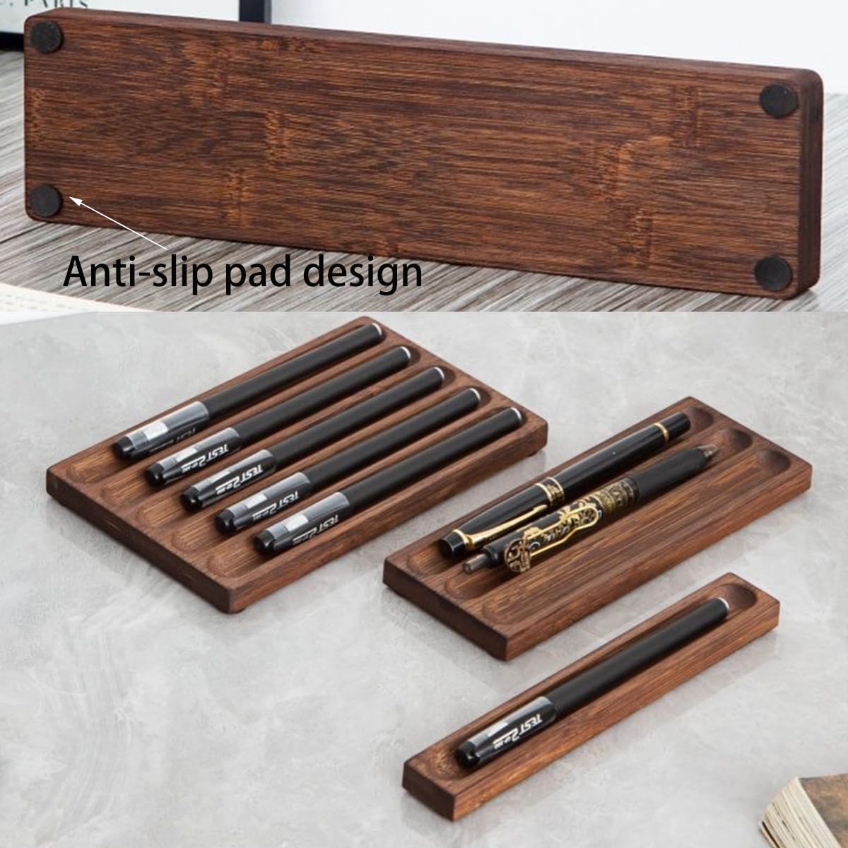 LITAITAI Horizontal Pen Holder For Desk,Pen Tray,Wood Desk Pen Holder,Desk Top Pen Display,Teacher Gifts,Suitable For School,Home,Office Desktop Art Accessories (Walnut-3 Grid)