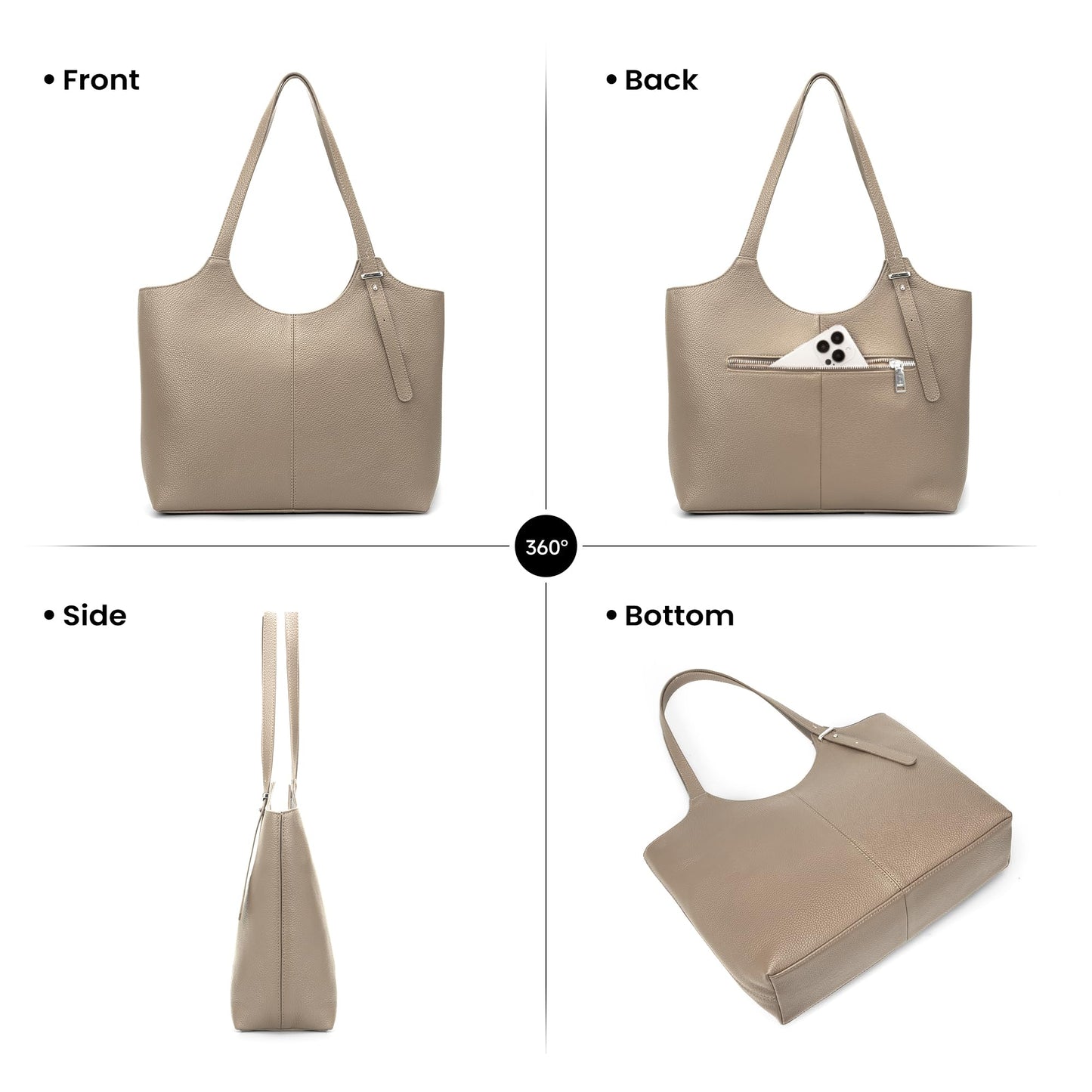 befen Genuine Leather Tote Bags for Women Work, Real Brown Leather Shoulder Handbags Zippered Satchel Purses with Adjustable Strap for Casual Shopping Travel Taupe