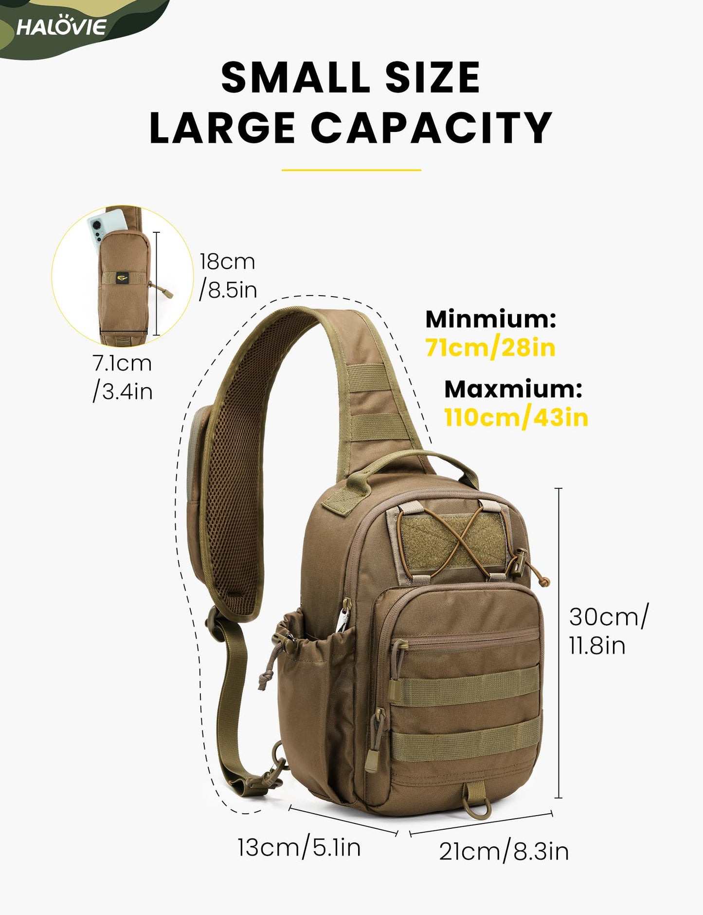 HALOVIE Anti-theft Tactical Sling Bag RFID Khaki Military Shoulder Bag with Phone Pack EDC Molle Crossbody Bag for men
