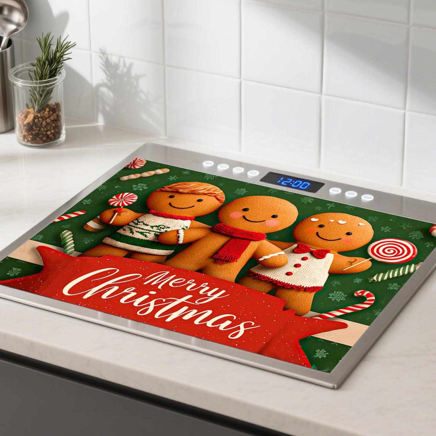 Nuxovilar Christmas Stove Top Cover 28.35×20.47 Inch – Gingerbread Man Design for Holiday Kitchen Decor – Festive Stove Burner Cover, Polyester & Diatom Mud Blend