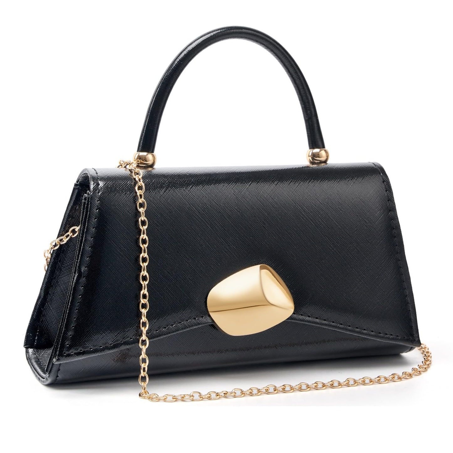 Women's Evening Handbag PU Leather Top Handle Clutch Purse with Gold Metal Clasp for Party Prom Wedding Cocktail (Black 703)