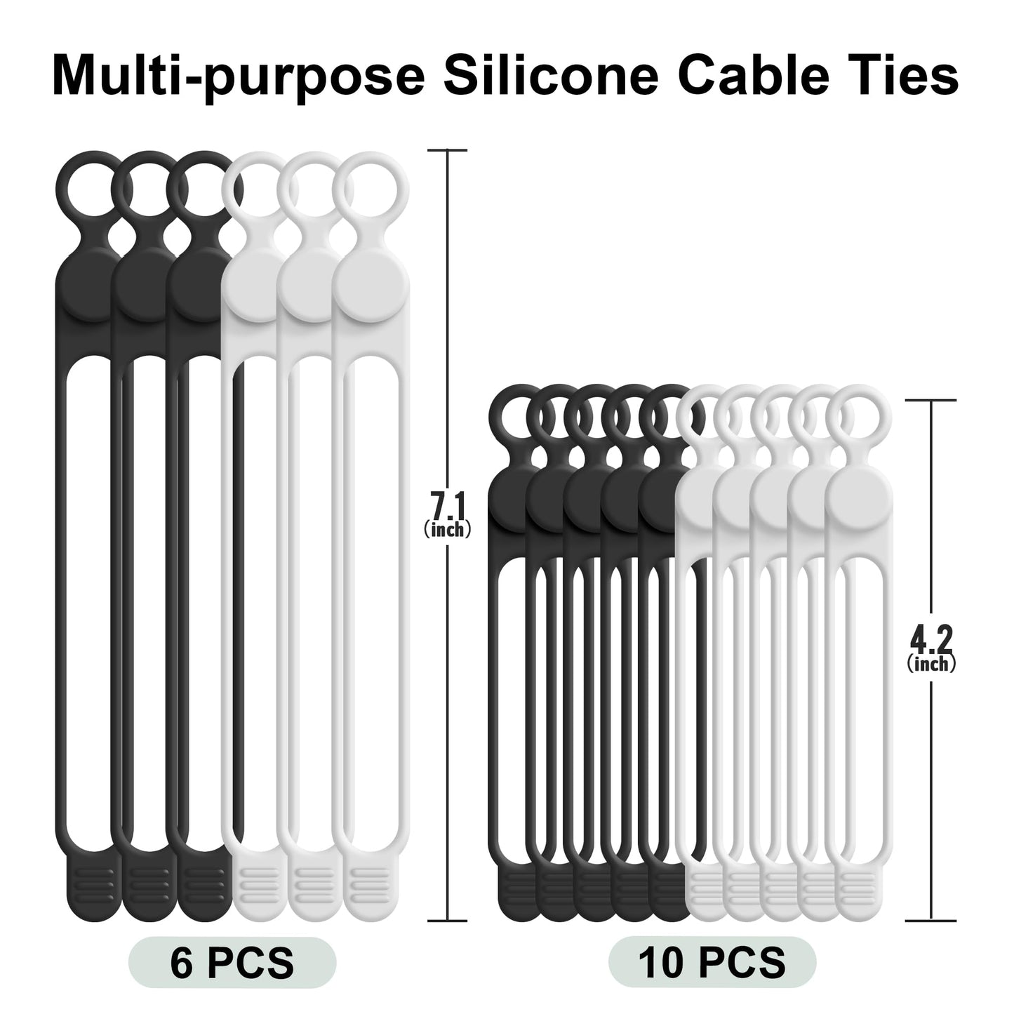 Nearockle Silicone Cable Ties Cord Organizer Cable Management, 16Pcs 4.2" and 7.1" Reusable Cable Organizer Electronic Accessories for Home, Office, Kitchen, School, Travel(Black&White)