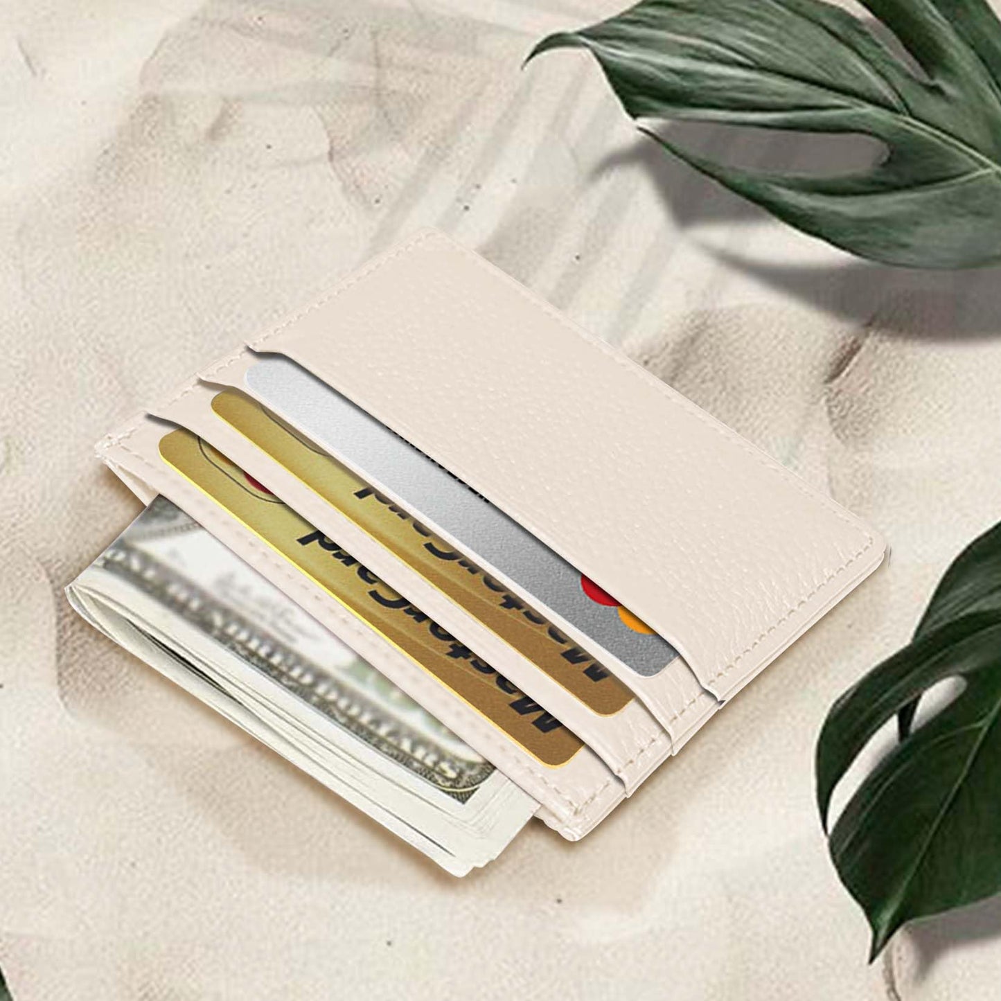 M-Plateau Credit Card Wallet, Super Slim Card Holder, Genuine Leather Wallet for Man and Women with 6 Card Slots and 1 Pocket (Off-White)