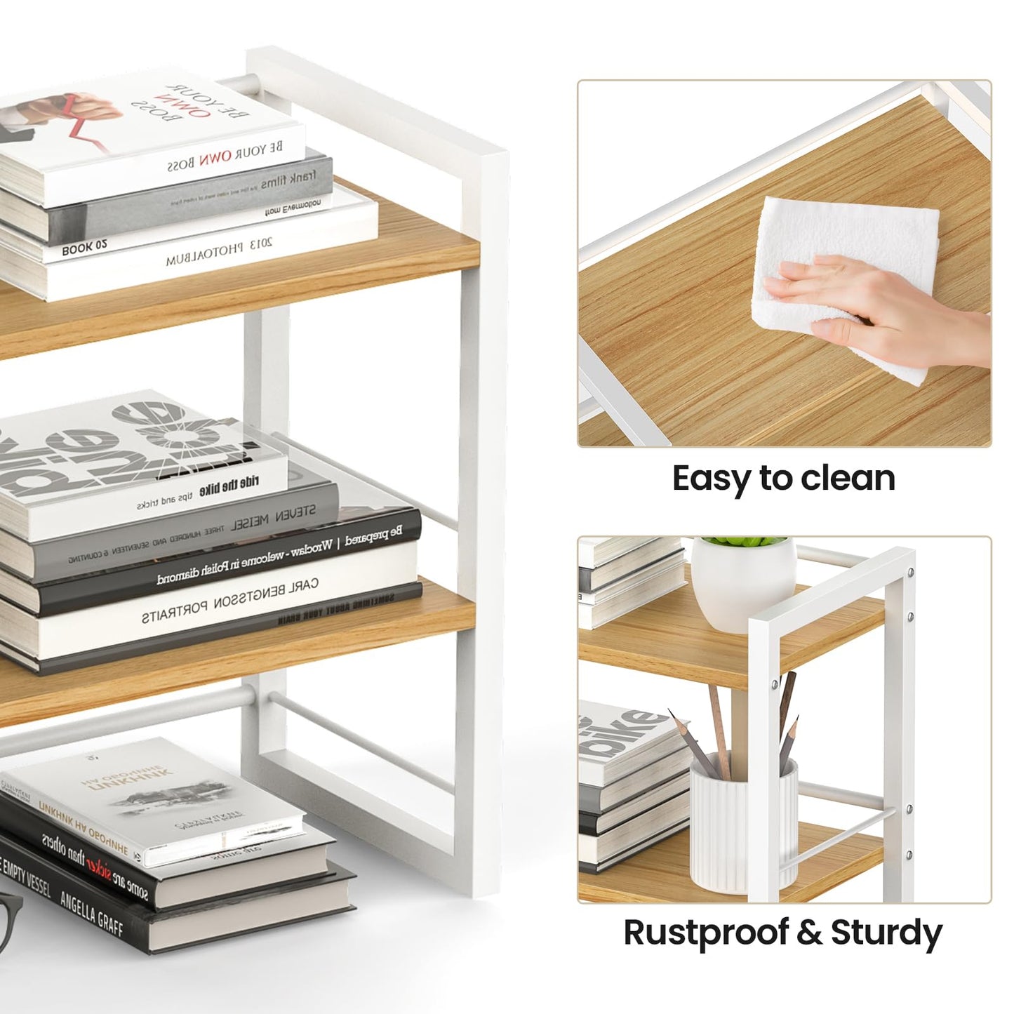 ART-GIFTREE Office Desk Shelf Organizer, Wood Desktop Bookshelf Supplies Storage Rack, Shelf for Top of Desk and Dresser (White-2 Tier)