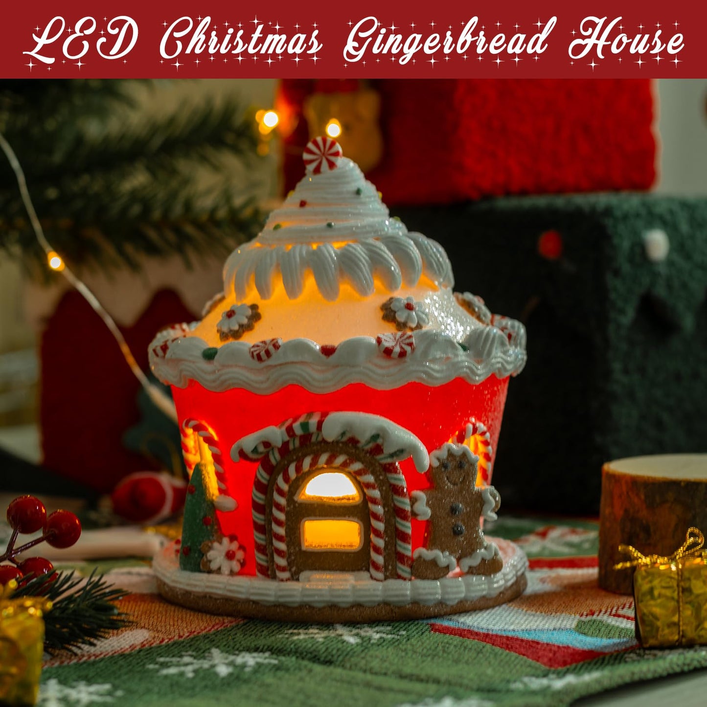 TXXCLOE 6 Inch LED Christmas Gingerbread House, Battery Operated Christmas Decor with Lights, Tabletop Holiday Village House for Home Office Festive Centerpiece Gift