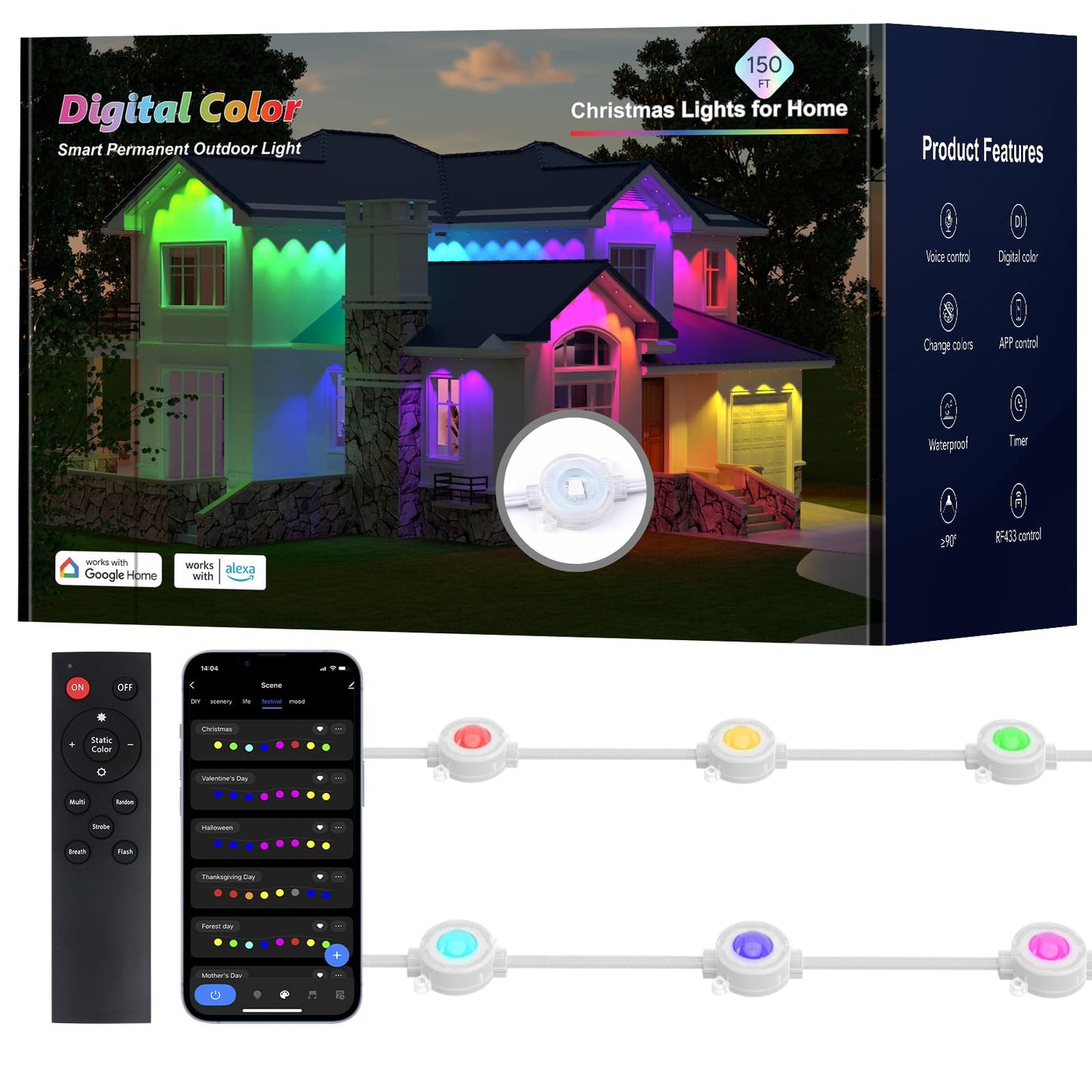 olivilily Permanent Outdoor Lights, 150ft with 90 LEDs Smart RGB, 68+ Scene Modes IP66 Waterproof, Alexa/Google Assistant Compatible Holiday Lighting for Christmas Halloween Patio Decor