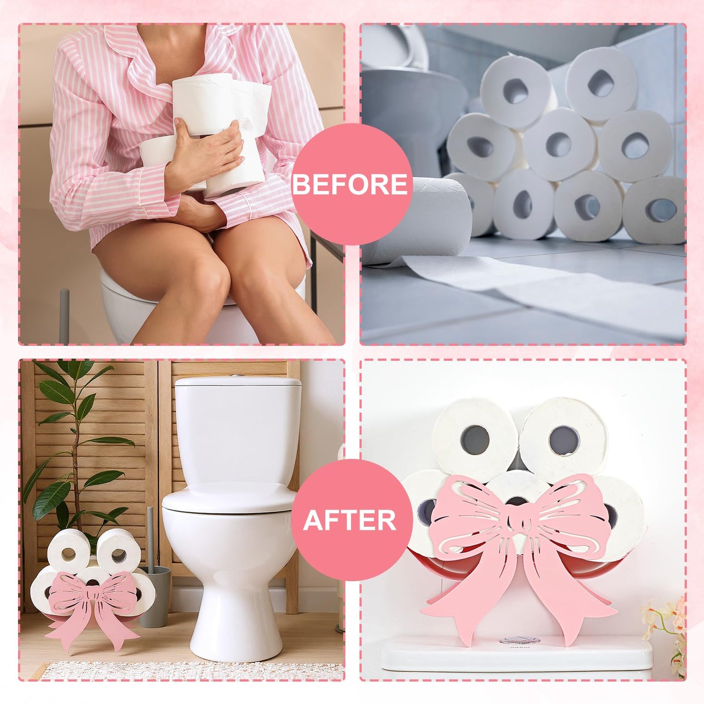 Geelin Bow Metal Toilet Paper Storage Holder Wedding Bow Bathroom Decor 8 Rolls Decorative Toilets Paper Holder Wall Mounted for Bathroom Kitchen Bedroom Coquette Home Decor(Light Pink)